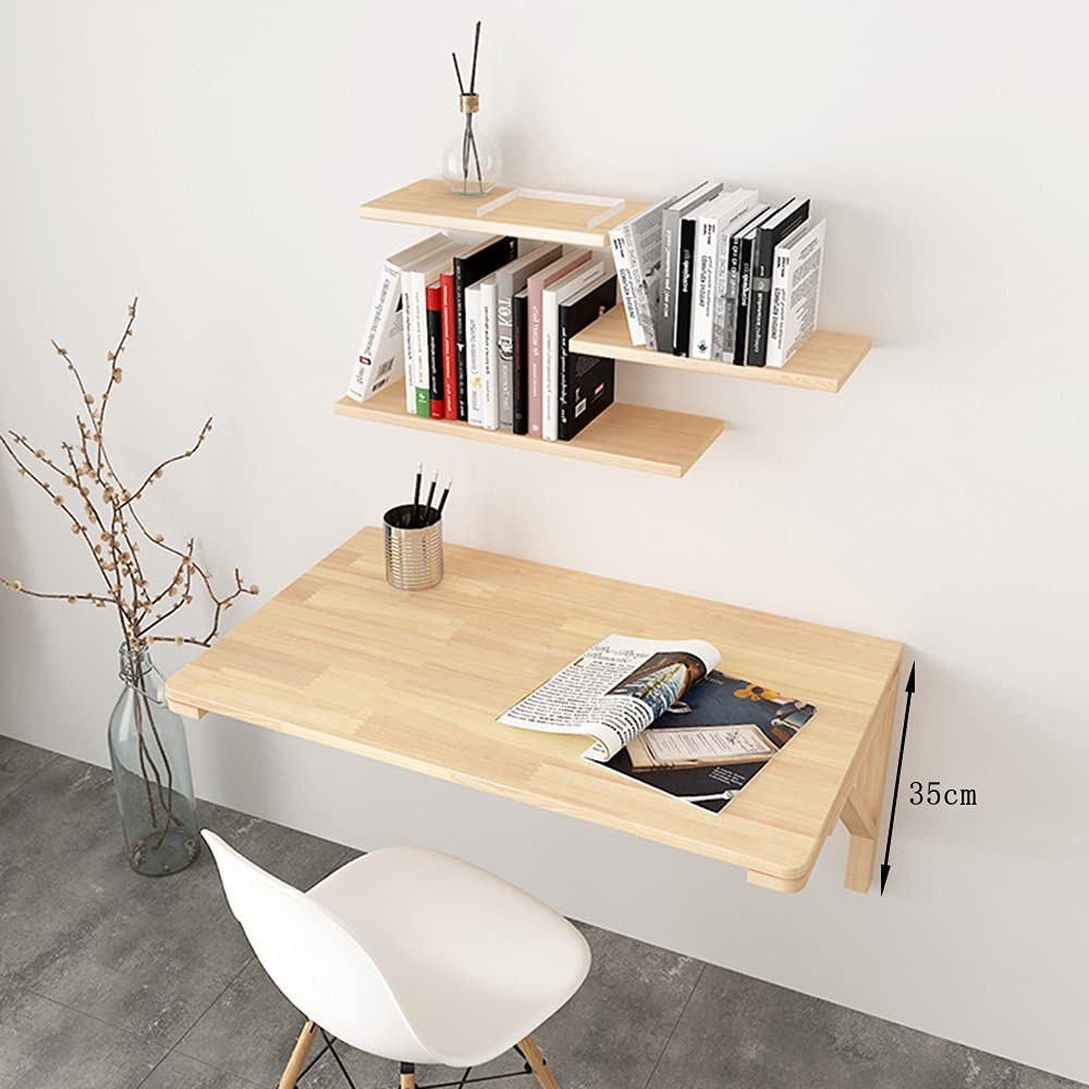 Space-Saving Folding Wall-Mounted Drop-Leaf Table - Pine Wood Computer Desk for Small Spaces, Kids Study Table, Kitchen Dining Table & Home Office Desk (Wood Color) | Perfect for Apartments, Dorms & Tiny Homes
