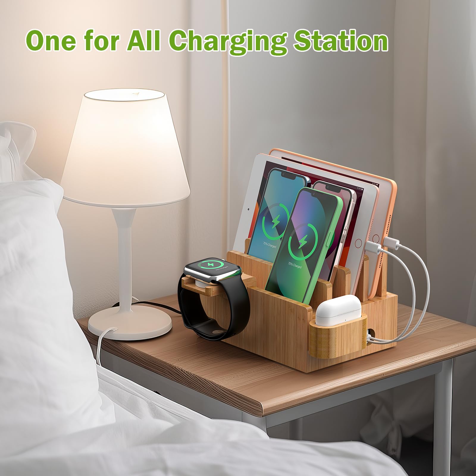 Pezin & Hulin Bamboo Charging Station Organizer - 5-Slot Multi Device Dock for iPhone, Android Phone, Tablet, SmartWatch & AirPods with 5 Included Cables (No USB Charger) | Perfect for Home Office, Bedside & Clutter-Free Desk Organization