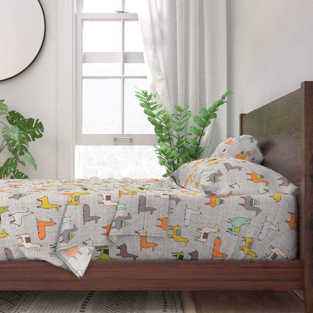 100% Cotton Twin Sheet Set 3pc - Llama Green Mustard Yellow Boho Alpaca Print | Soft Breathable Bedding for Nursery & Gender Neutral Decor | Perfect for Kids' Rooms, Guest Bedrooms & Bohemian Style Homes