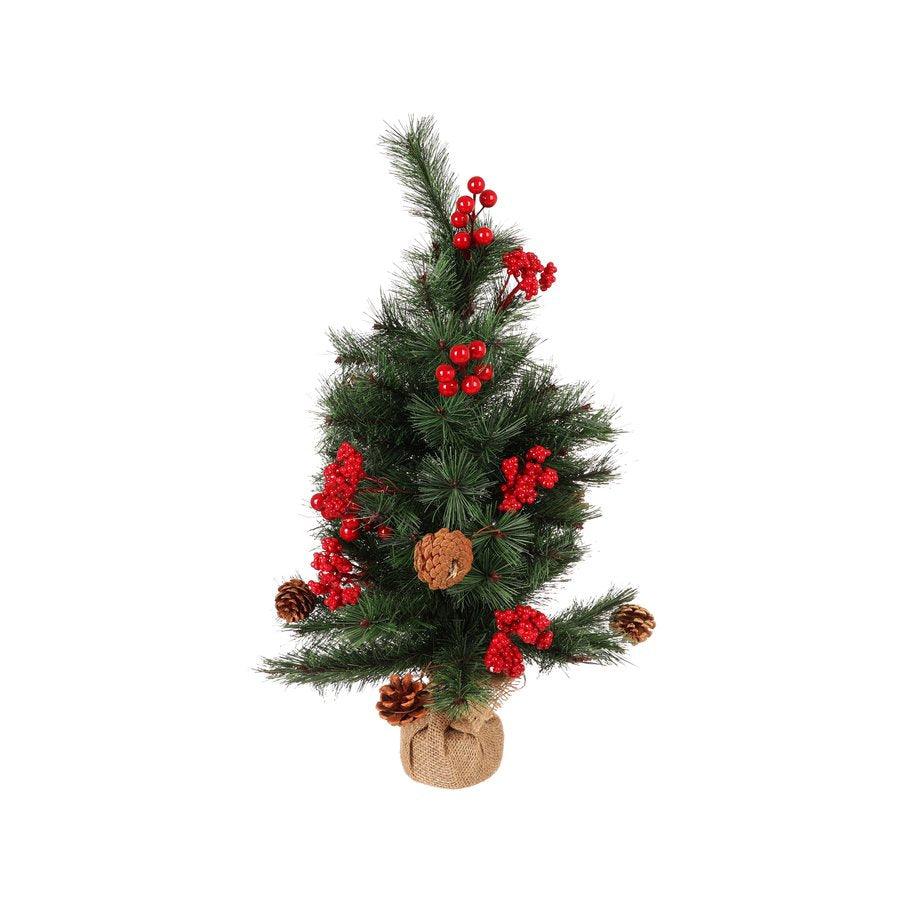 2ft Christmas Tree with Gold Decorations - Pre-Lit Artificial Xmas Tree with Cement Stand & Sack Cloth Base for Home, Office & Holiday Decor