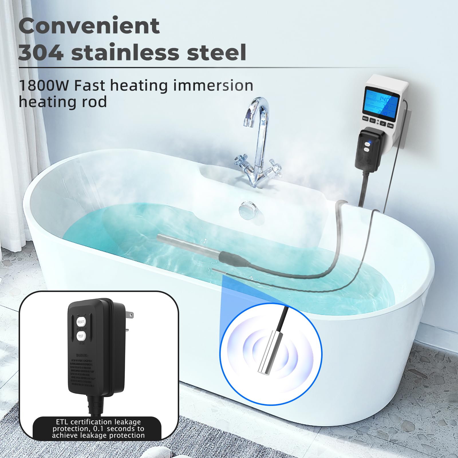 1800W Submersible Water Heater for Pools - Adjustable Thermostat & GFCI Protection - Perfect for Above Ground Pools, Inflatable Pools, Stock Tanks & Bathtubs - Fast Heating Immersion Heater for Swimming & Outdoor Water Use