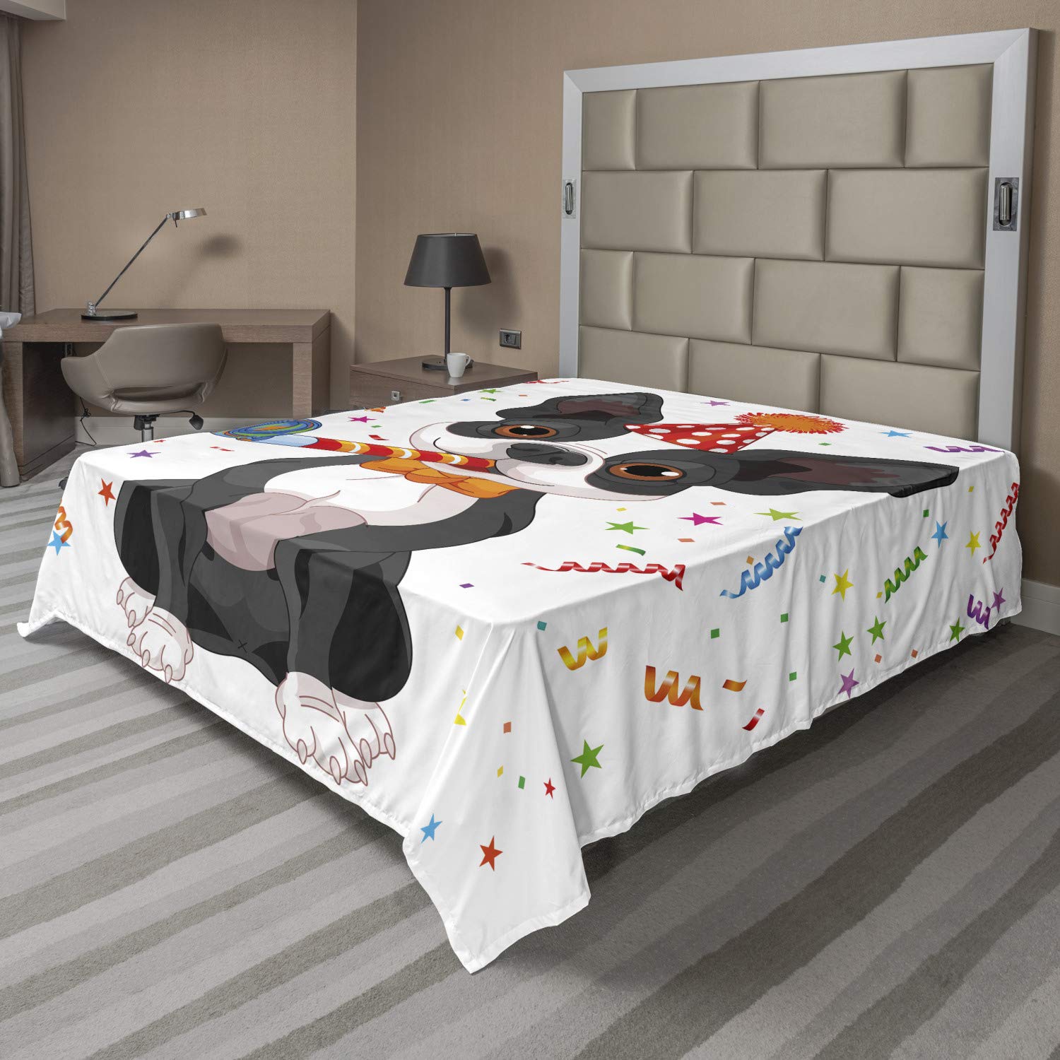 Ambesonne Queen Size Birthday Flat Sheet - Black & White Boston Terrier Dog Design with Colorful Party Backdrop | Soft, Comfortable Decorative Bedding for Dog Lovers | Perfect for Birthday Parties, Dog-Themed Bedrooms & Gift Giving