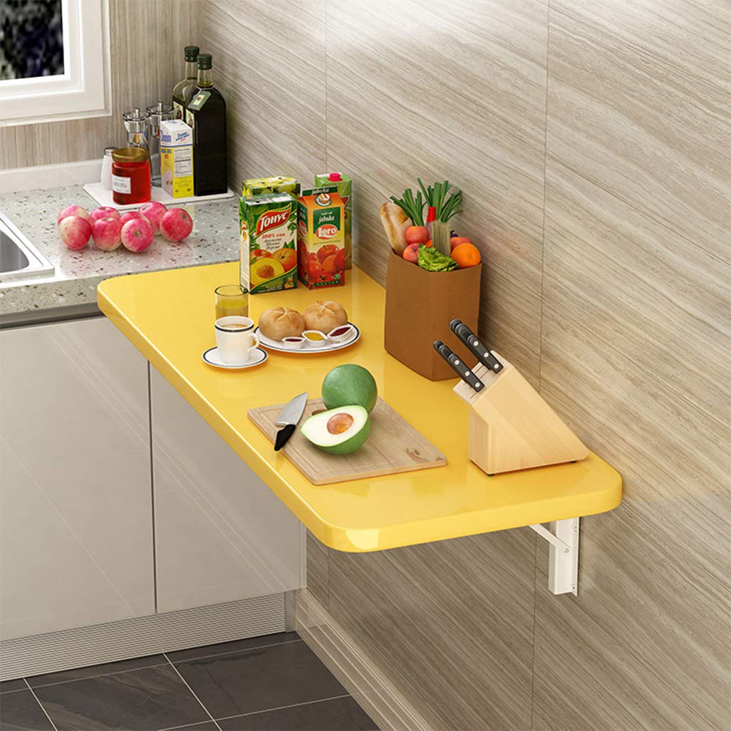 QIMO Folding Wall Mounted Desk - Solid Wood Drop Leaf Table for Laptop, Writing & Home Office - Space Saving Wall Mount Computer Desk (Yellow) - Perfect for Small Apartments, Dorm Rooms & Workspaces