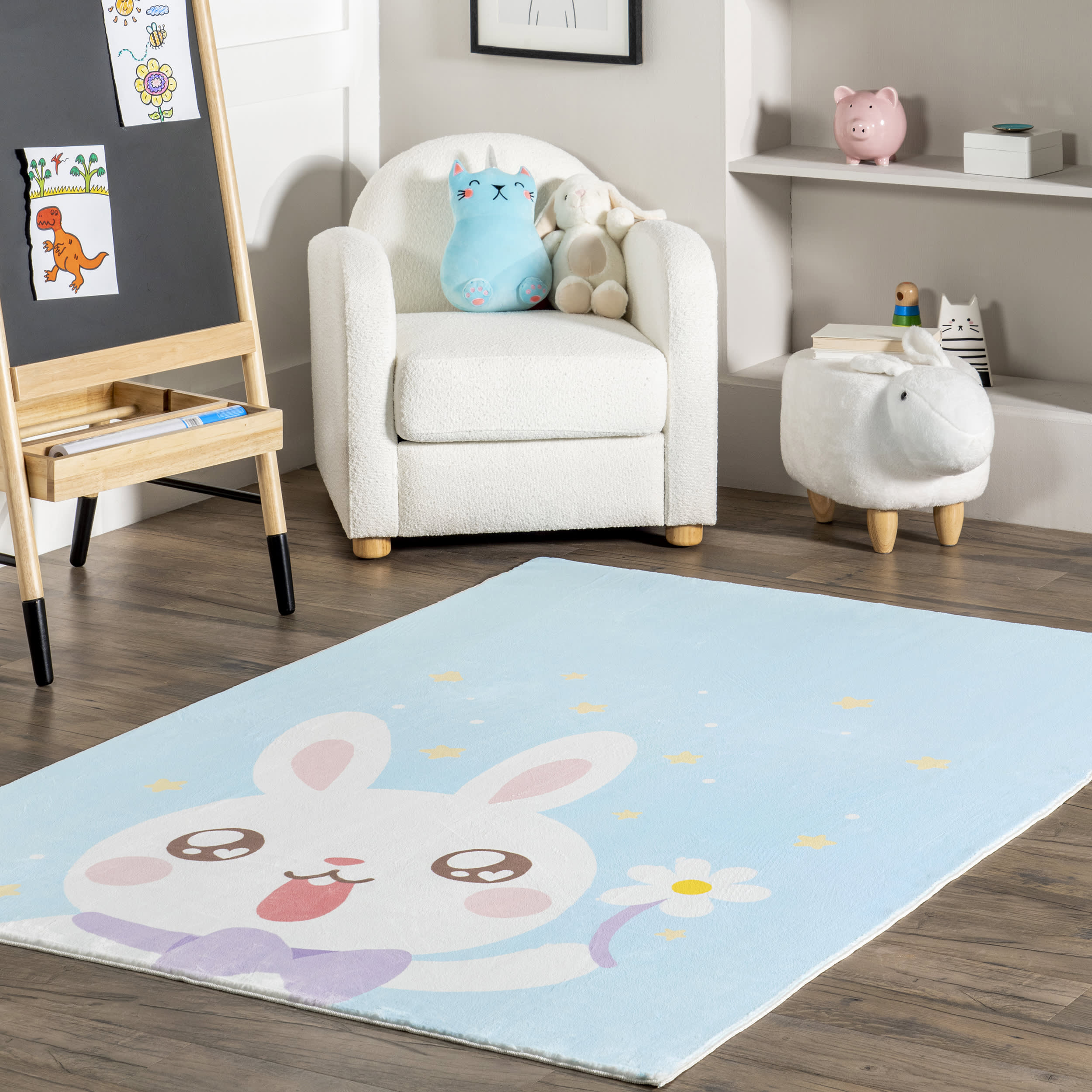 Enya Washable Kids Rabbit Rug - Soft Blue Nursery Carpet for Playroom, Bedroom & Toddler Floor Mat | Safe & Non-Slip