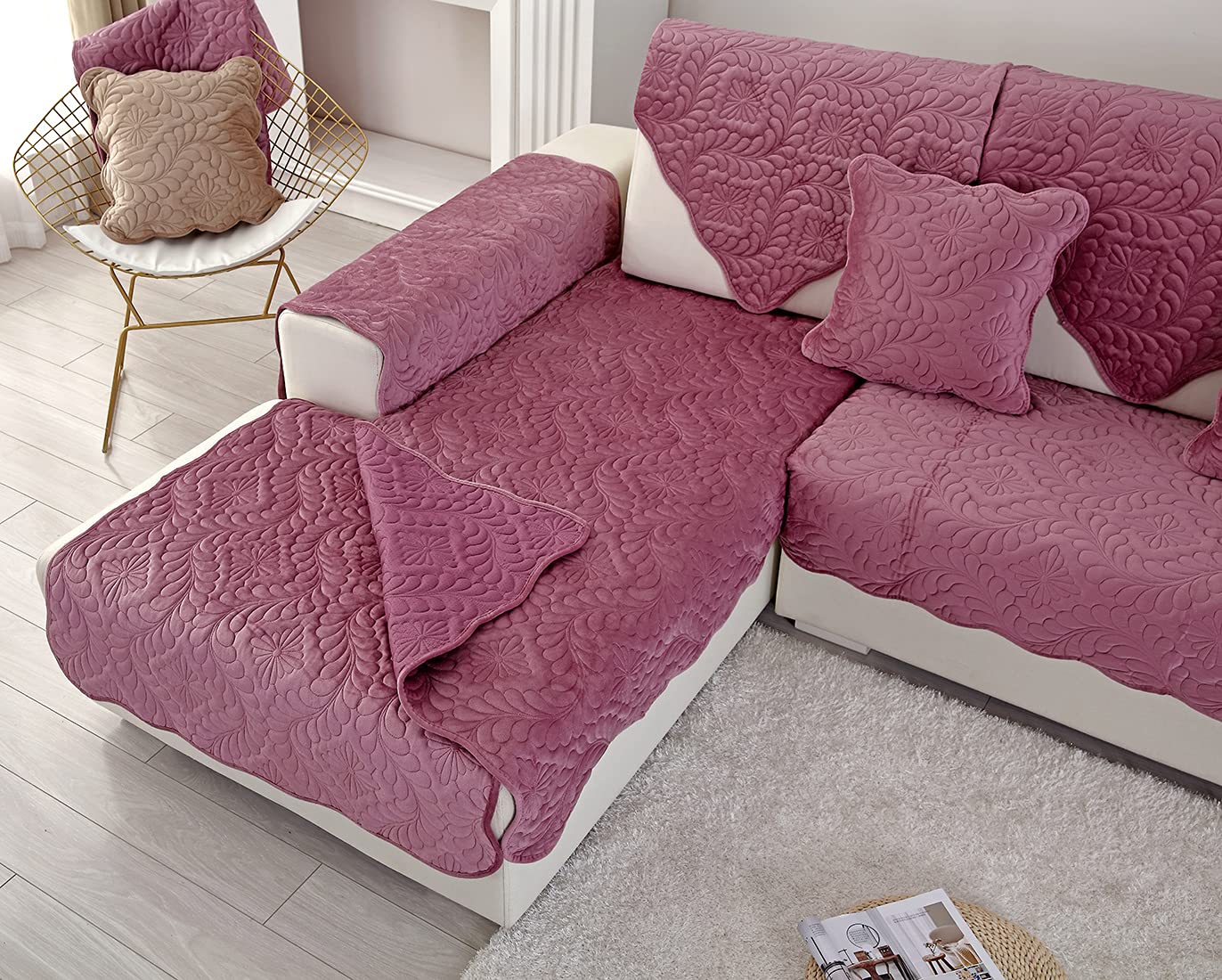 VCTOPS Velvet Quilted Sofa Cover - Soft Non-Slip Sectional Couch Cover for Pets, Protects Leather & Fabric Couches - Perfect for L-Shaped Sofas, Recliners with Armrest & Backrest (Purple, 43