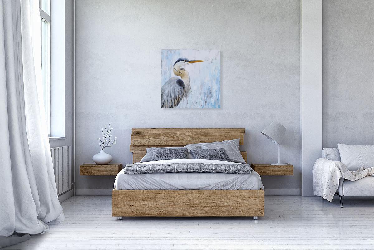 SYGALLERIER Heron Canvas Wall Art - Modern Teal & Grey Abstract Bird Painting with Textured Finish - Cormorant Picture for Living Room, Bedroom, Bathroom Decor - Perfect for Coastal, Boho & Farmhouse Style Homes