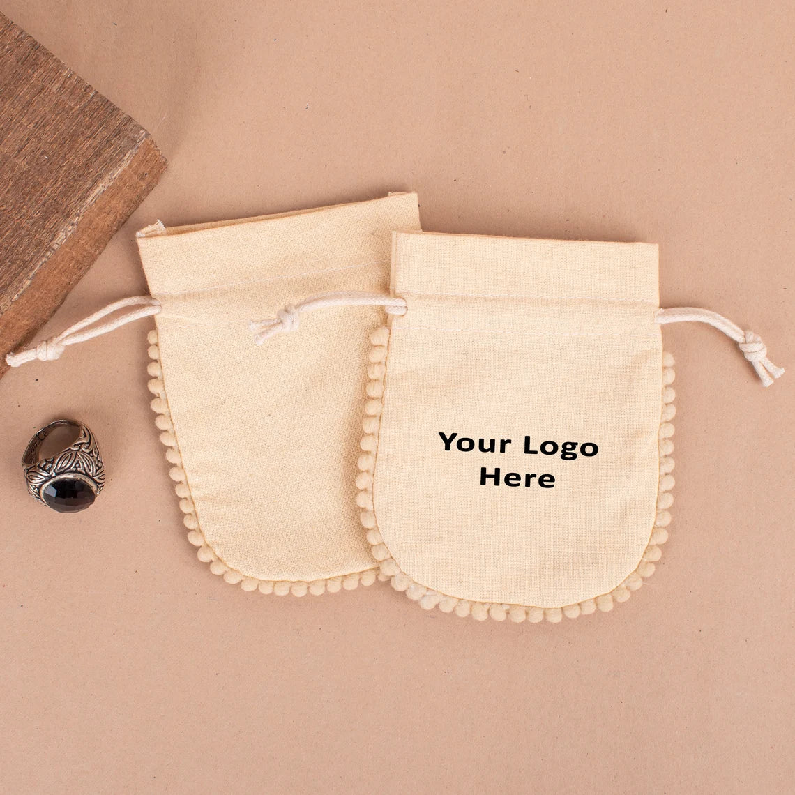 100 Personalized Off White Designer Pouch with Pom Poms - Natural Elegance for Women's Accessories, Gift Bags & Travel Organizers