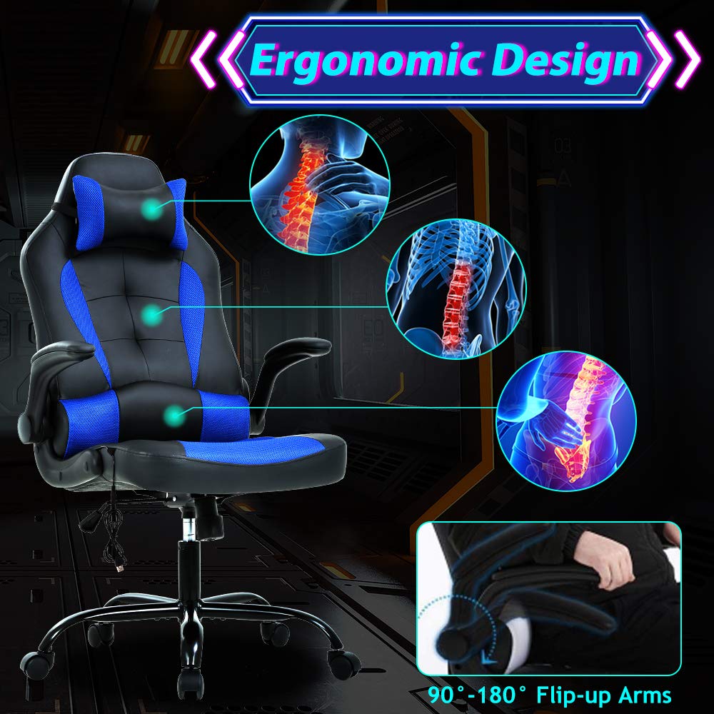 Ergonomic Gaming Chair with Lumbar Support & Headrest - Adjustable PU Leather Office Computer Chair for Video Games, Work & Home Use - Blue