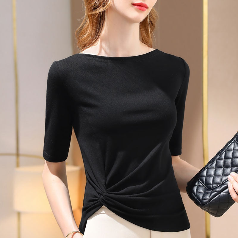Women's Slash Neck Solid Color T-Shirt - Comfortable Casual Basic Tee for Everyday Wear, Workout & Layering