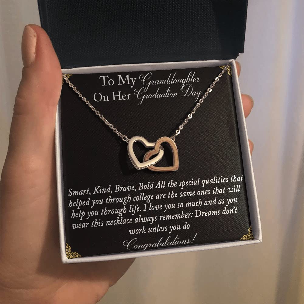 Interlocking Hearts Necklace - Graduation Gift for Granddaughter, Smart & Brave - Jewelry with Message Card for High School & College Grads