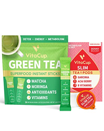 VitaCup Instant Green Tea Packets (24 Count) & Slim Tea Pods (16 Count) - Boost Metabolism, Support Weight Loss with Garcinia Cambogia, Acai Berry & B Vitamins | Detox Tea for Energy & Wellness | Perfect for Office, Travel & Healthy Lifestyle