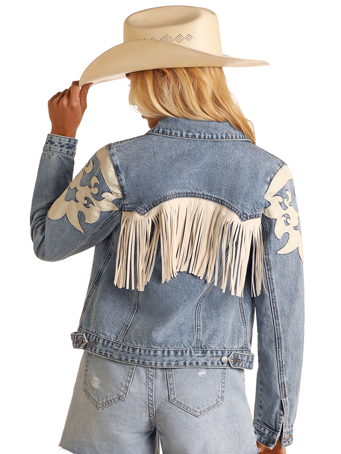 Rock & Roll Denim BW92D06098 Women's Ivory Faux Leather Fringe Jacket - Light Wash Denim Vest for Concerts, Festivals & Vintage Style Outfits