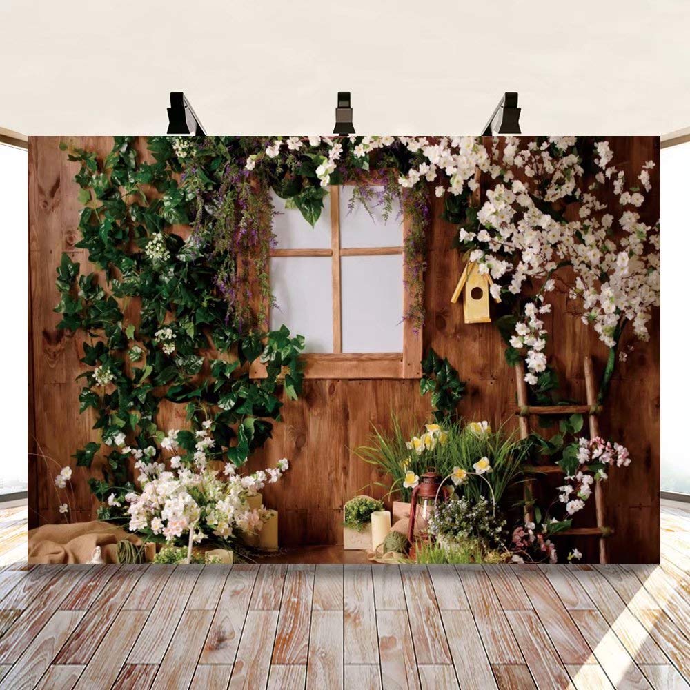 10x8ft Polyester Spring Wood Flowers Backdrop for Cake Smash, Birthday Party, Bridal Shower, Baby Shower, Tea Party, Wedding Photography, YouTube Background - Rustic Floral Green Leaves Design