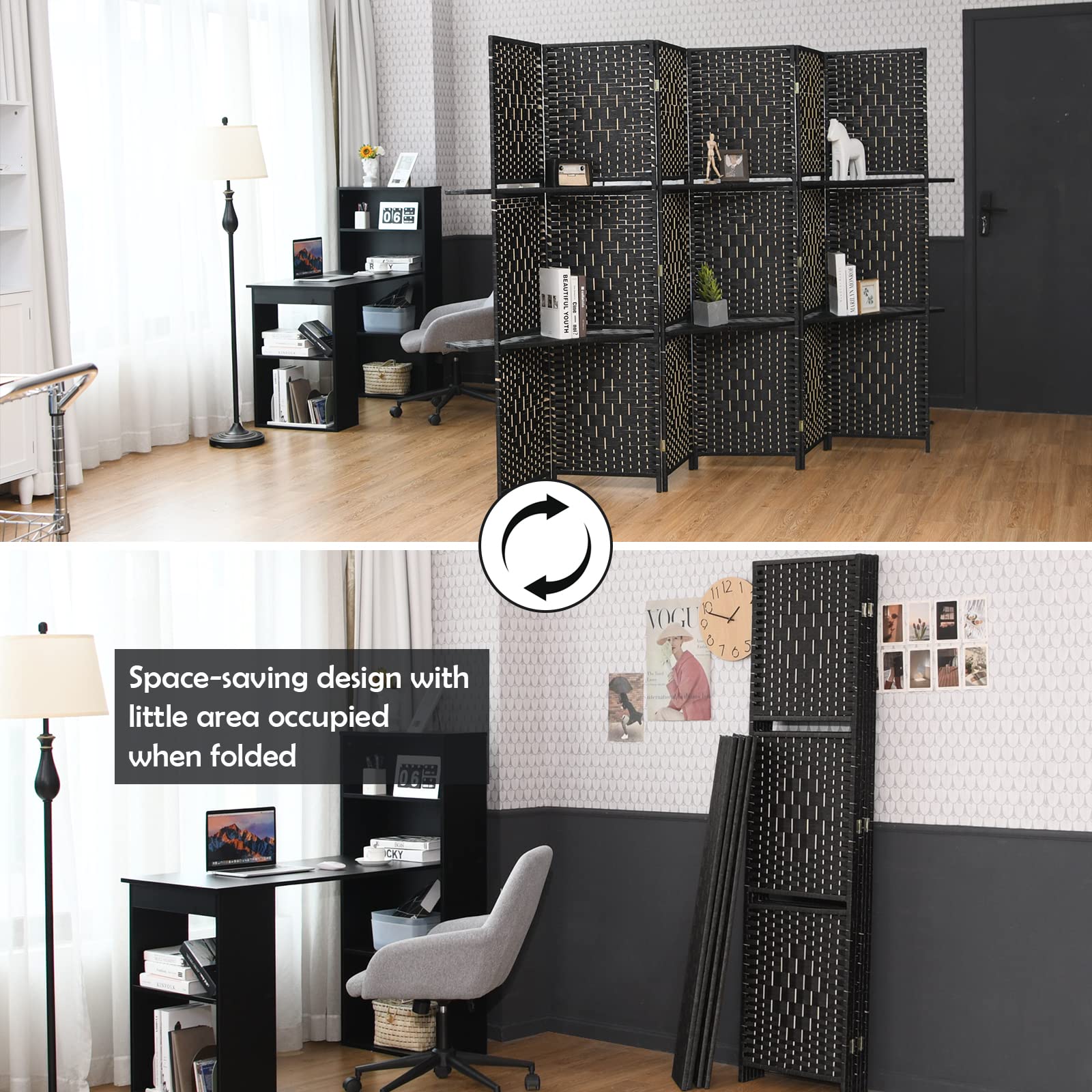 Giantex 6Ft 6 Panel Freestanding Room Divider with Shelves - Hand-Woven Rattan Folding Privacy Screen for Home, Office & Studio - Wooden Partition Wall for Room Separation & Organization | Perfect for Creating Private Spaces, Home Decor & Workspace Dividers