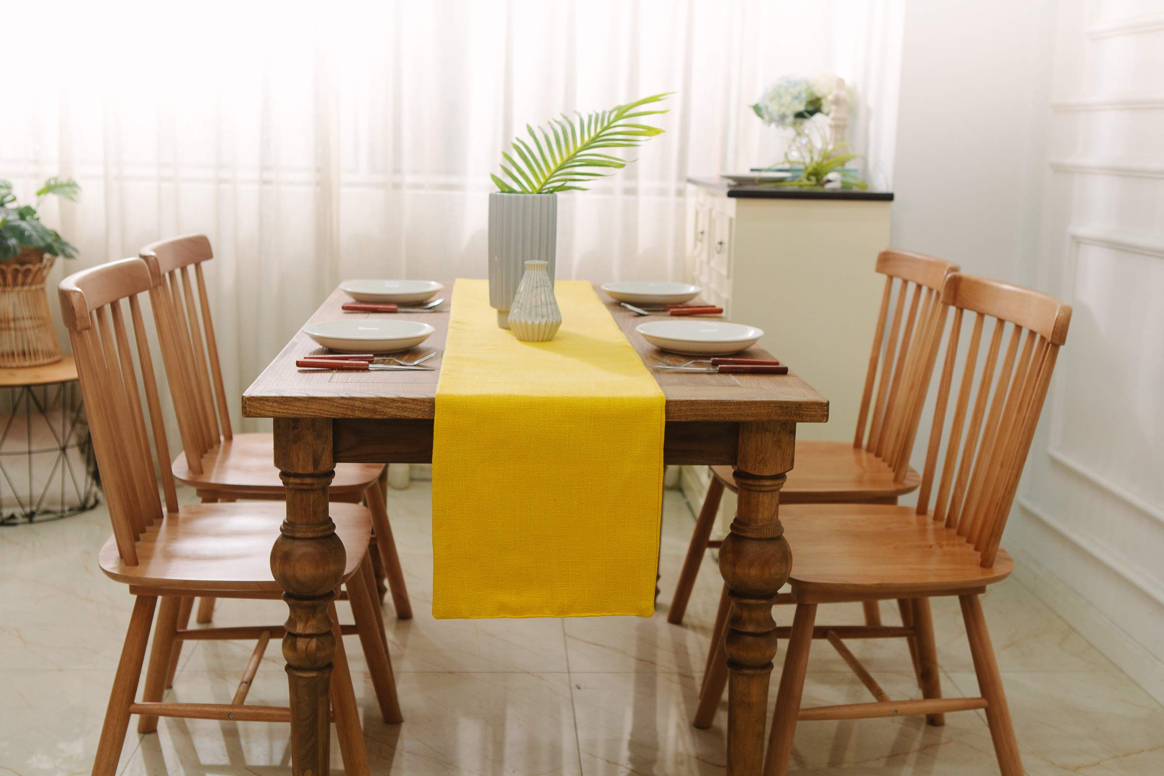 12 x 108 Inches Bright Yellow Burlap Rustic Table Runner for Christmas, Living Room, Dinner, Wedding, Birthday Party, and Home Decor