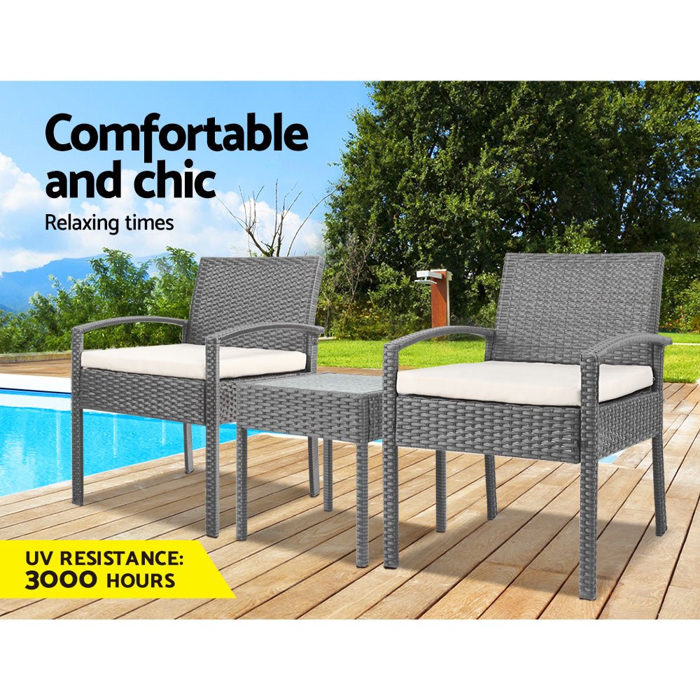 3-Piece Patio Furniture Bistro Set - Outdoor Wicker Lounge Chairs & Table - Weather-Resistant Grey Rattan for Garden, Balcony, Backyard Dining & Relaxation