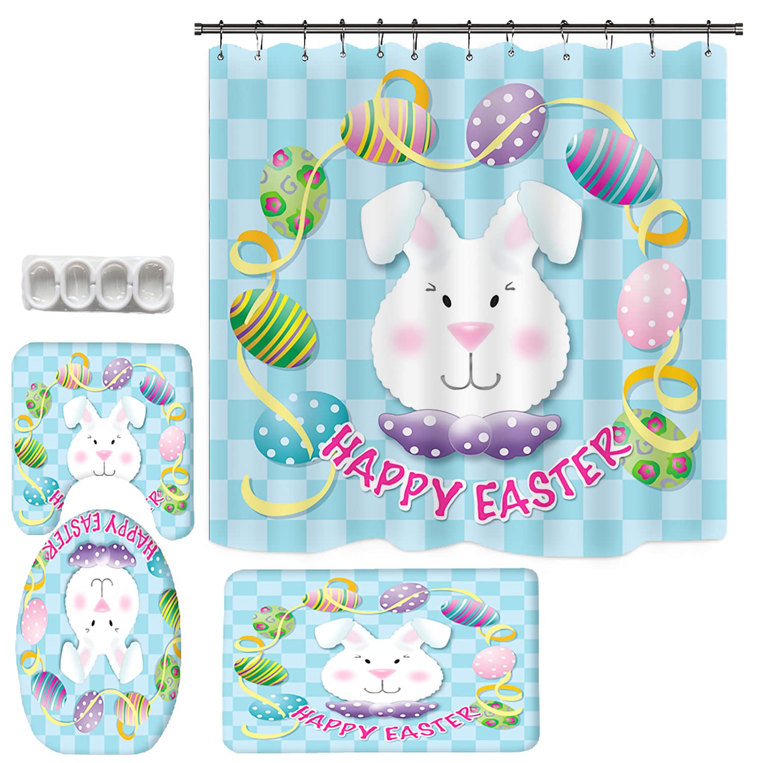 Easter Bunny Shower Curtain Set with Bath Mat - 72x72 Inch Waterproof Bathroom Decor with Hooks, Toilet Cover & Contour Mat - Cute Spring Theme for Kids & Adults Bathroom Decor (Ideal for Easter, Spring Cleaning & Holiday Home Decoration)