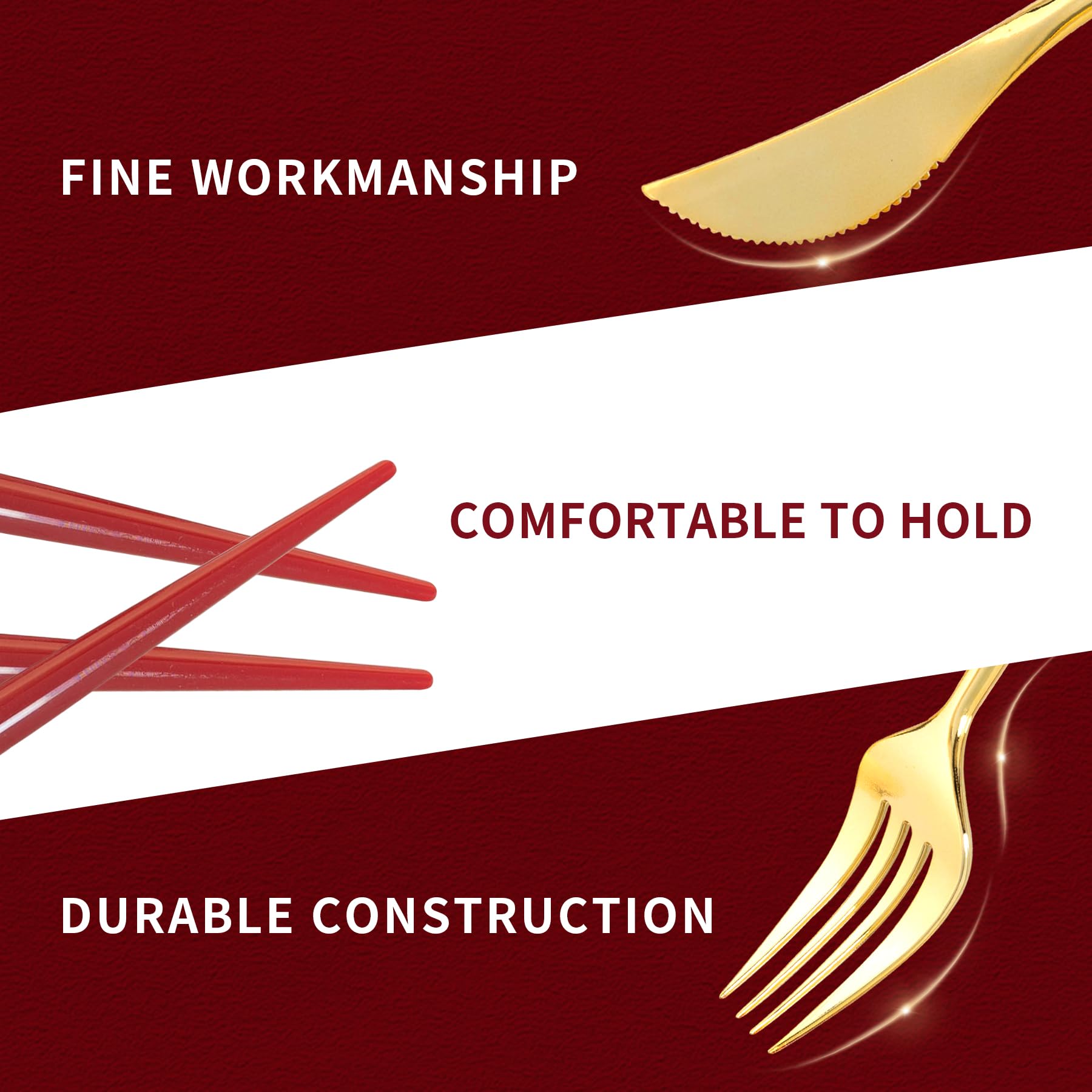 Premium 150-Piece Gold Plastic Cutlery Set - Heavy Duty Disposable Silverware with Burgundy Handle (50 Spoons, 50 Forks, 50 Knives) for Wedding Receptions, Birthday Parties, Catering Events & Elegant Dinner Gatherings
