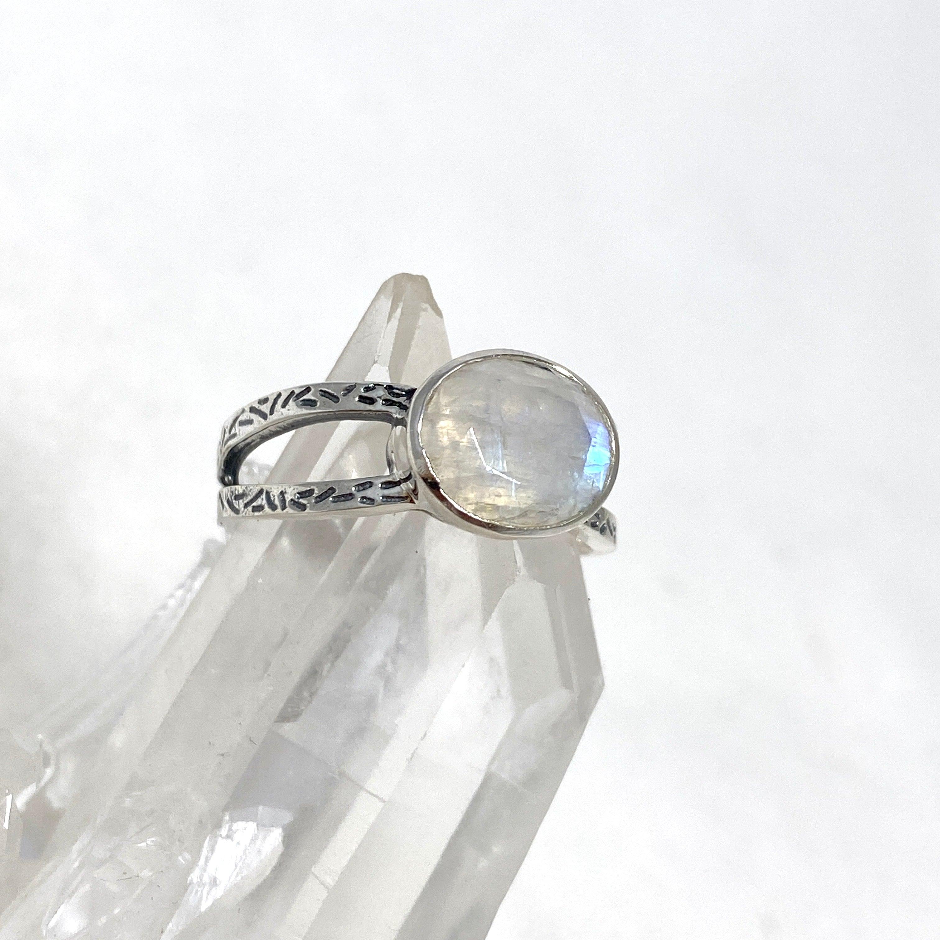 Moonstone Faceted Oval Decorative Split Band Ring R3861 - Elegant Bohemian Jewelry for Women, Perfect for Weddings, Parties & Everyday Wear