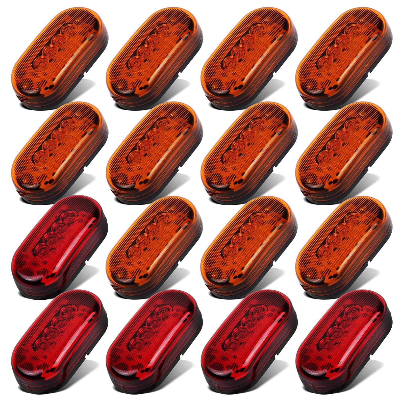 Partsam 16pcs 4 Inch Oblong LED Marker Lights - 10 Diodes Black Base Rectangular Trailer Clearance & Side Marker Lights for Trucks, RVs, Campers - 12V (9 Amber + 7 Red) - Perfect for Night Driving Safety & Vehicle Visibility