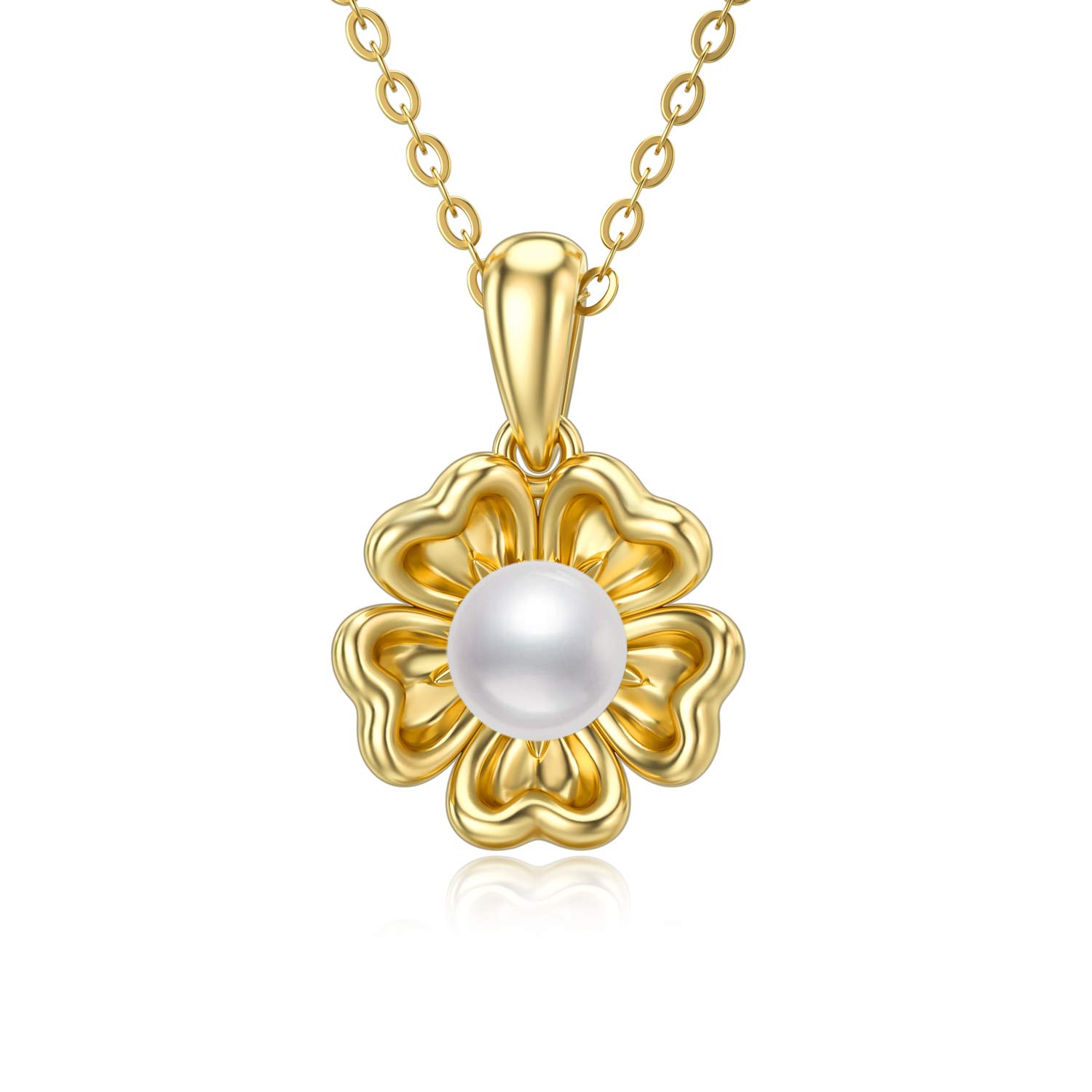 14K Yellow Gold Flower Pearl Pendant Necklace for Women - 16+1+1 Inch Adjustable Chain, Elegant Jewelry Gift for Her (Perfect for Birthday, Anniversary & Valentine's Day Gifts)
