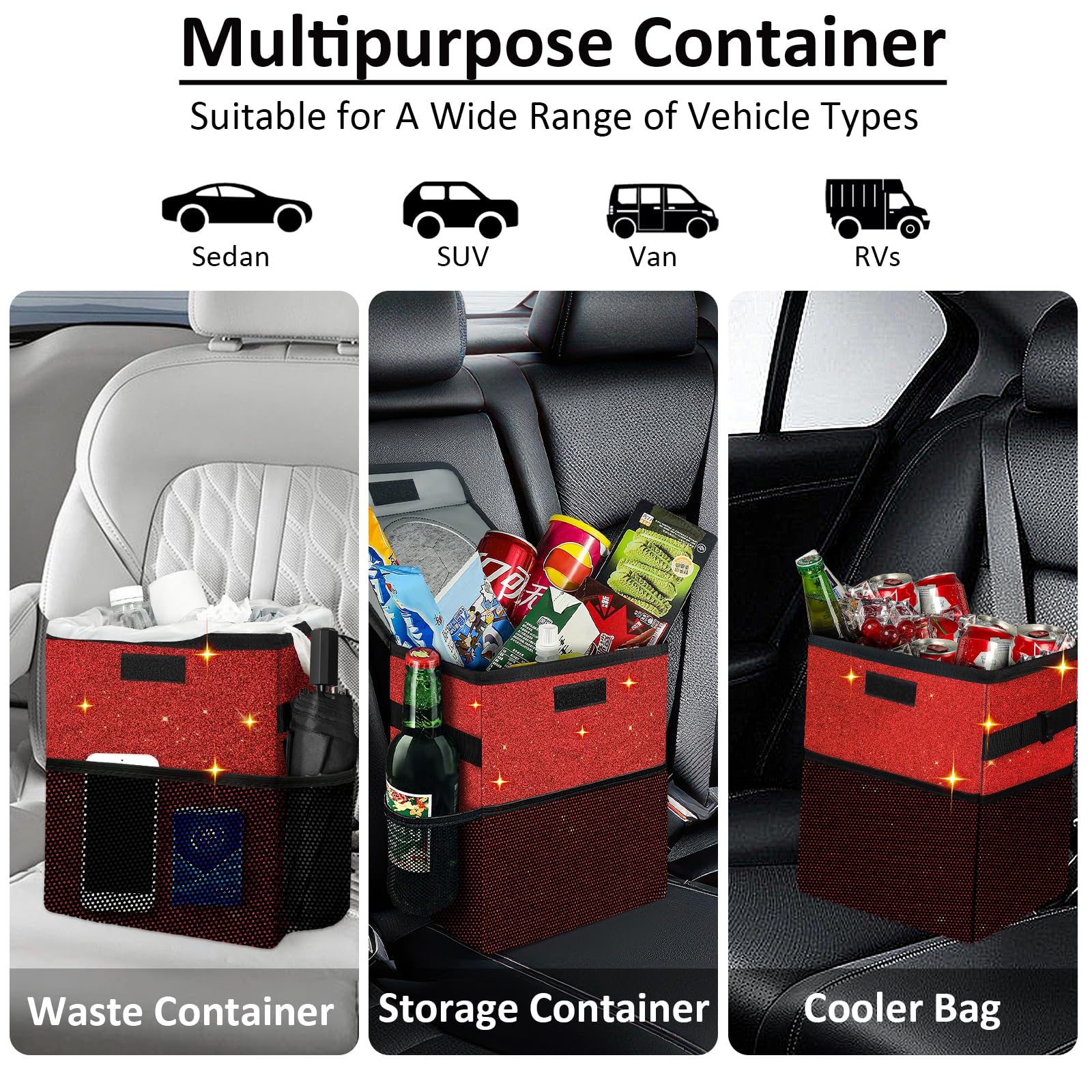 2.5 Gallon Sparkly Red Car Trash Can with Lid - Waterproof & Leakproof Hanging Garbage Bin for Front/Back Seat & Console | Cute Mini Car Trash Bag for Road Trips, Commuting & Family Travel