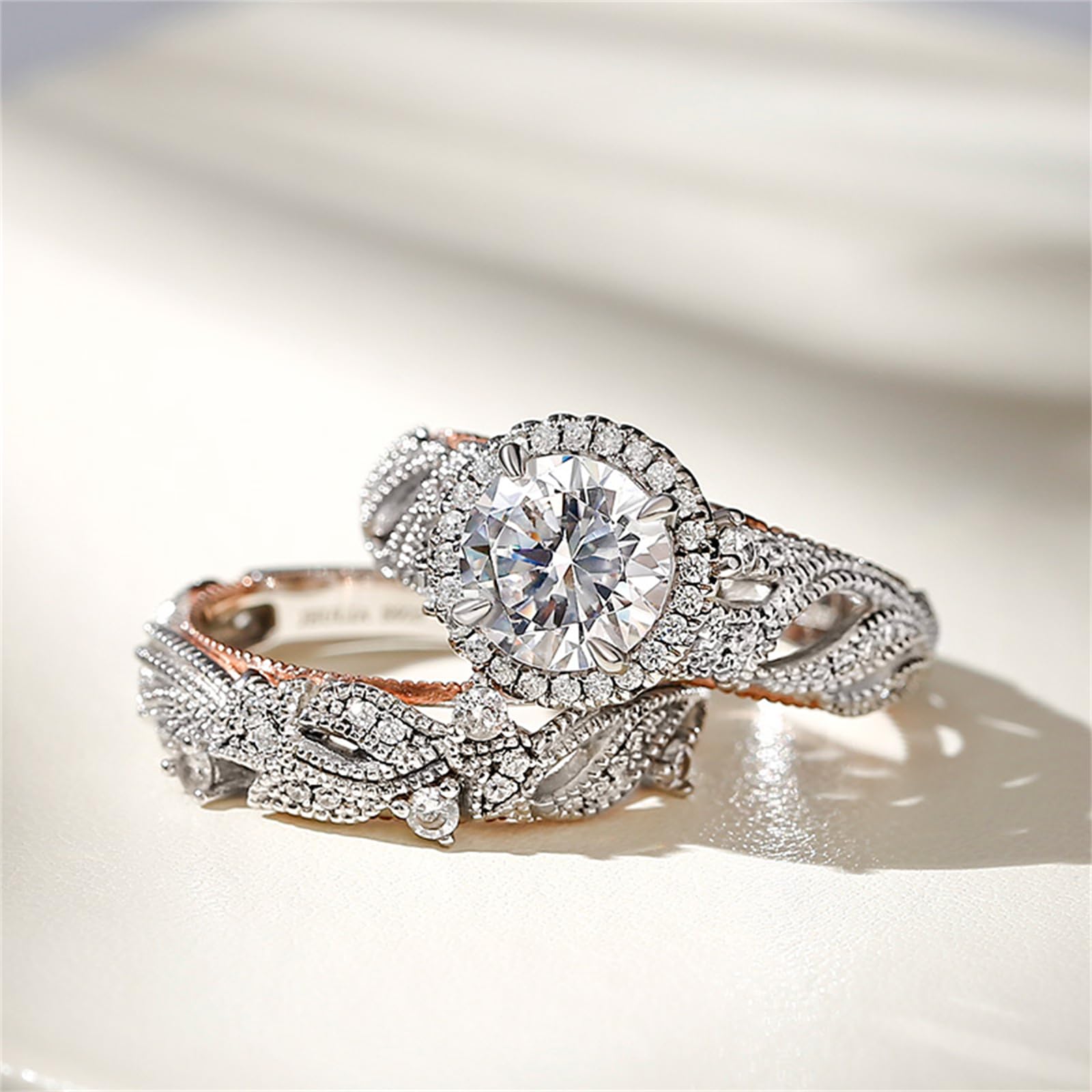 Jeulia 4 Carat Openwork Wedding Ring Set for Women - 925 Sterling Silver & Rose Gold Round Cut Halo Engagement Ring with White Diamond & CZ Solitaire Band - Anniversary, Promise Rings for Bridal, Proposal, Valentine's Day Gift