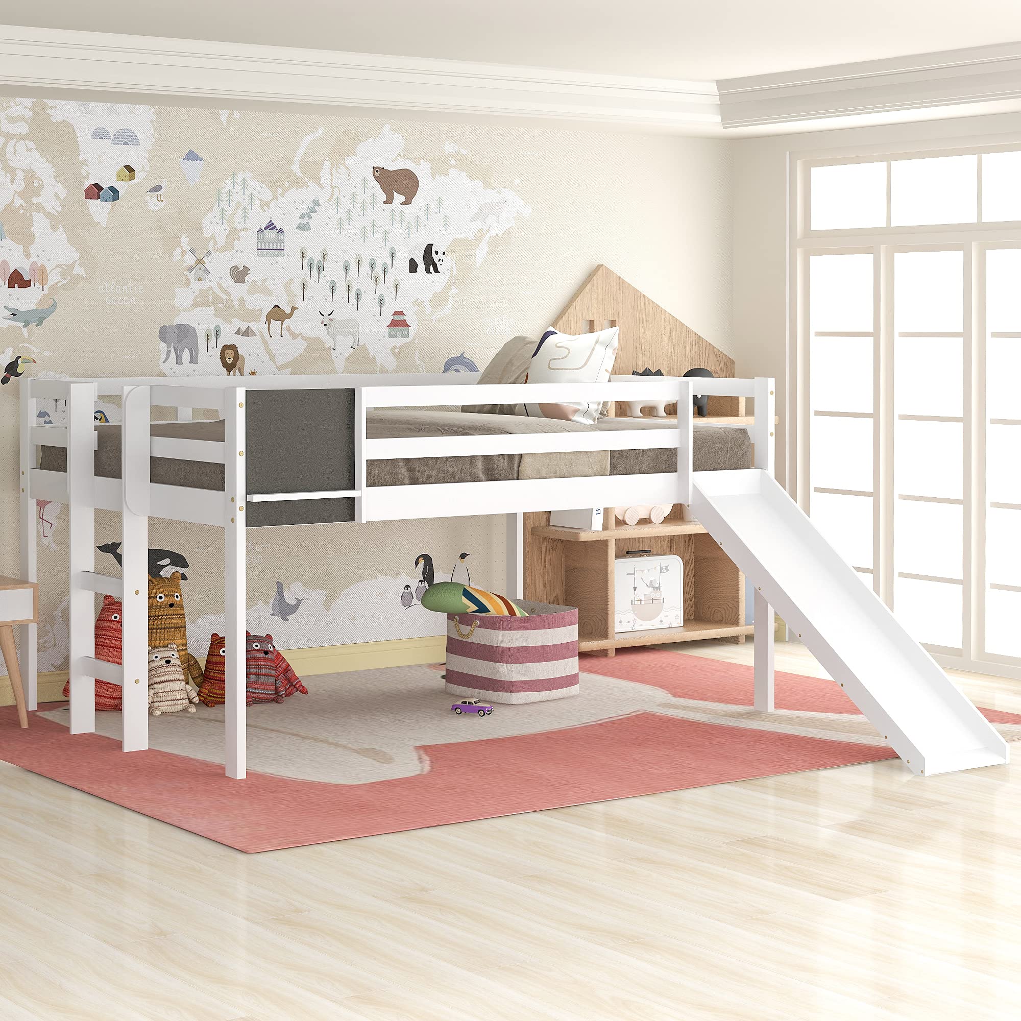 Merax Full Size Wooden Loft Bunk Bed with Slide - Junior Height for Kids & Teens, White | Space-Saving Bedroom Furniture for Small Rooms, Dorm, Playroom & Sleepovers