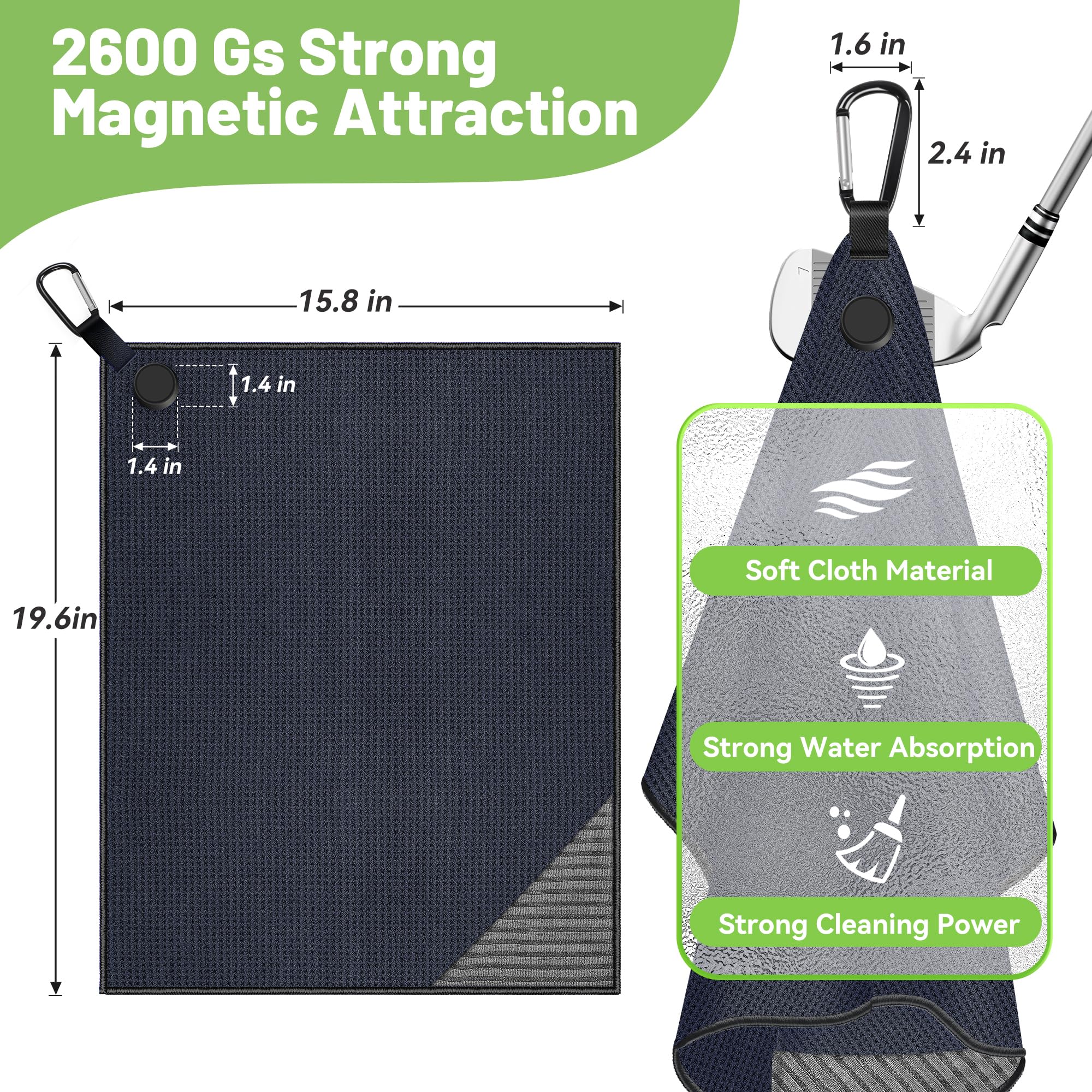 Premium Magnetic Golf Towel 2-Pack - Ultra Absorbent Microfiber Waffle Pattern Towels with Clip & Strong Magnet - Golf Accessories for Men & Women - Perfect for Golf Bags, Carts, Clubs & On-Course Cleaning