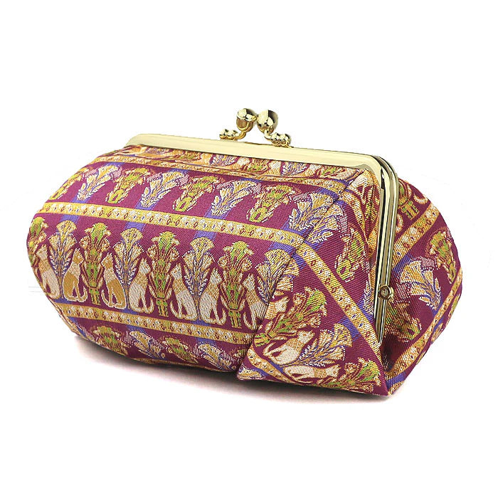 Authentic Kyoto Nishijin Woven Small Pouch - Cat & Mauve Design | Japanese Gamaguchi Cosmetic Bag for Makeup, Travel Toiletry & Stationery | Premium Bag Organizer & Bag-in-Bag Accessory | Perfect for Daily Use, Gift Giving & Japanese Culture Enthusiasts