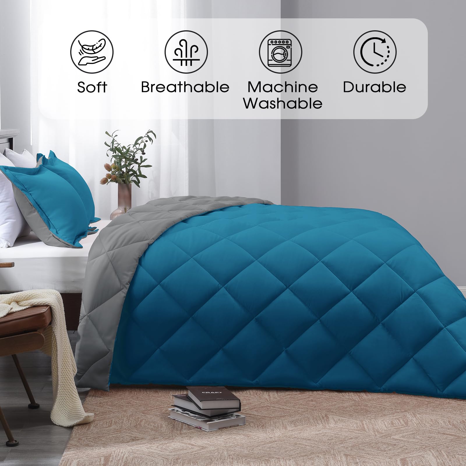 Basic Beyond Twin Comforter Set - Reversible All-Season Blue & Charcoal Gray Bedding (66