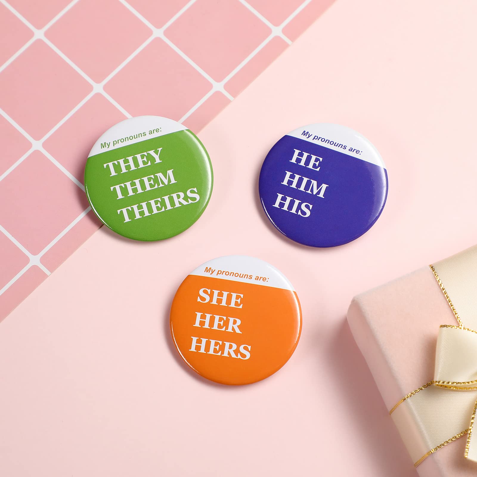 30 Pcs Gender Identity Pronoun Pinback Buttons - They/Them, She/Her, He/Him - Round Cute LGBTQ+ Pride Badges for Backpacks, Jackets & Lanyards - 3 Styles for Ally Support & Awareness Events