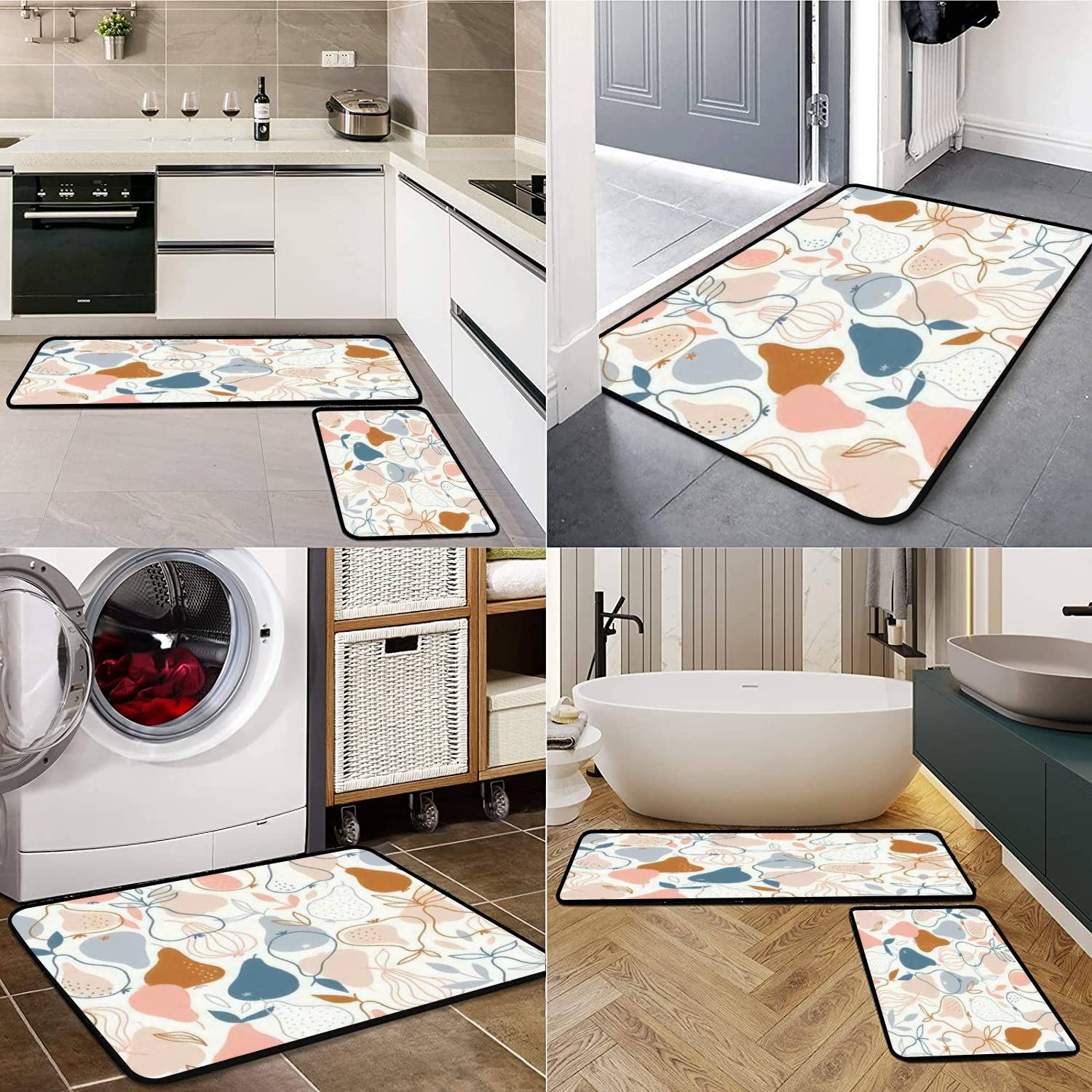 Stylish Scandinavian Pear Seamless Kitchen Rugs Set - Non-Slip Washable Floor Mat, Runner & Bath Rug - Natural Fruit Design for Comfortable Standing - Perfect for Kitchen, Entryway & Bathroom Decor