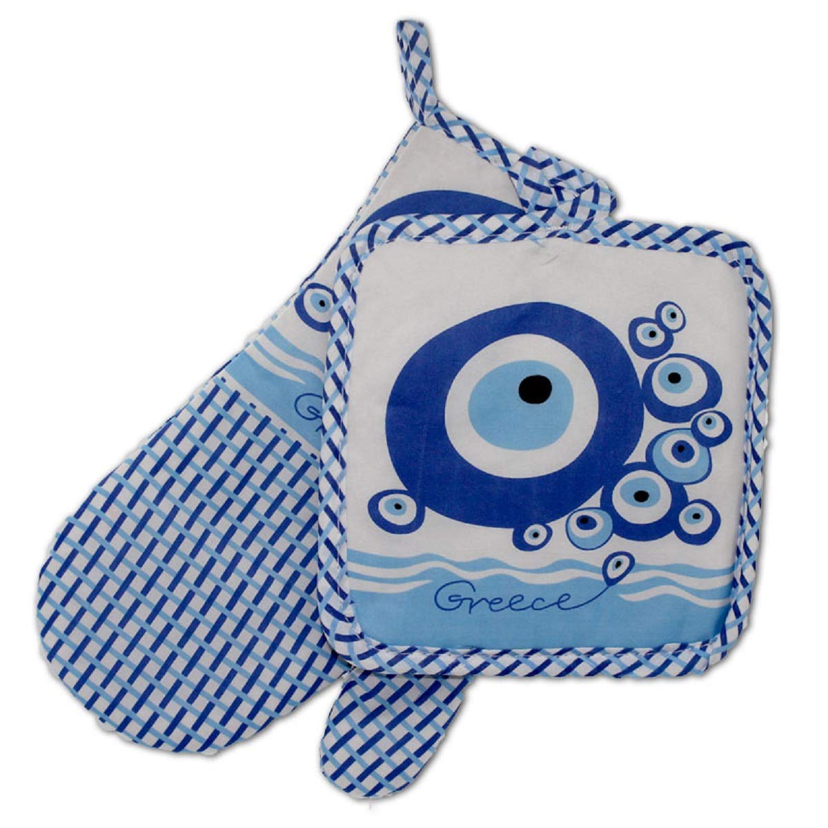 Evil Eye Oven Mitt and Potholder Set - 2 Piece Heat Resistant Kitchen Gloves for Baking, Cooking & Grilling - Decorative & Protective Kitchen Accessories