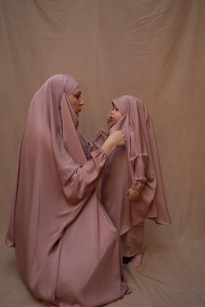 Light Pink Coraal KIDS Prayer Gown - Mommy and Me Islamic Prayer Khimar Collection for Girls | Perfect for Mosque, Eid, and Family Prayer Time