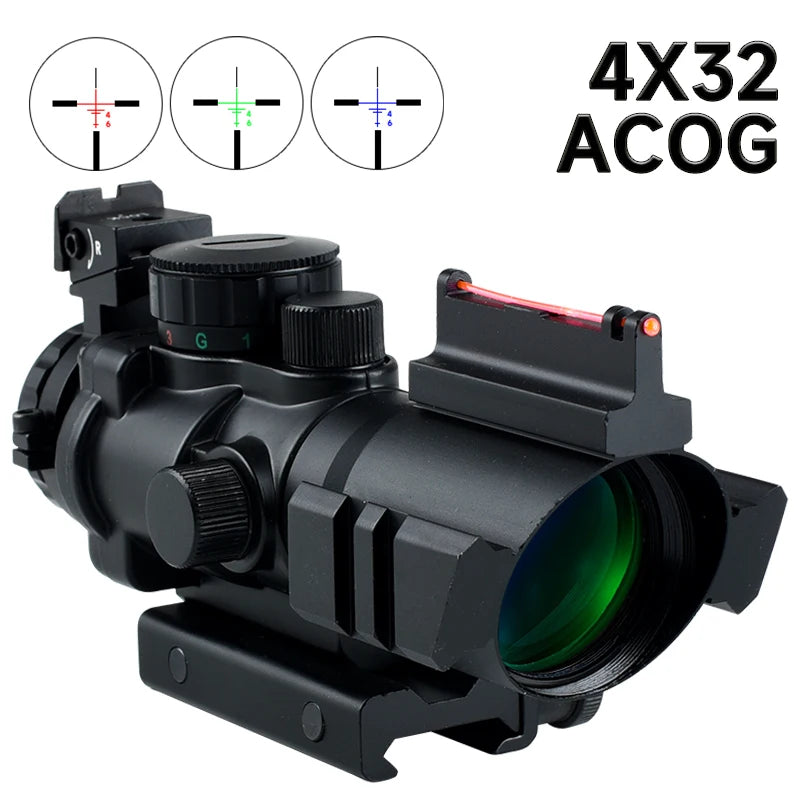 4x32 ACOG Tri-Illuminated Cross Scope - Adjustable Tactical Rifle Scope with Red Fiber Optic Sight for Hunting | Fits 20mm Rail | Perfect for Tactical Shooting, Hunting & Outdoor Adventures