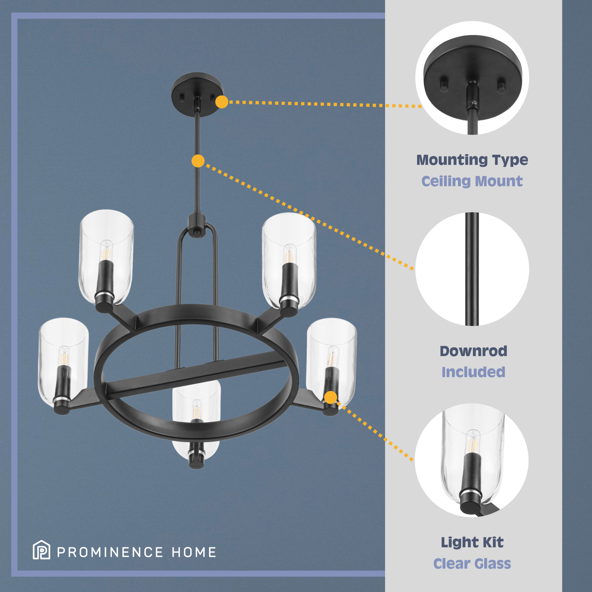 5-Light Hansley Chandelier in Matte Black with Clear Glass Shades - Perfect for Dining Room, Living Room, and Bedroom Lighting
