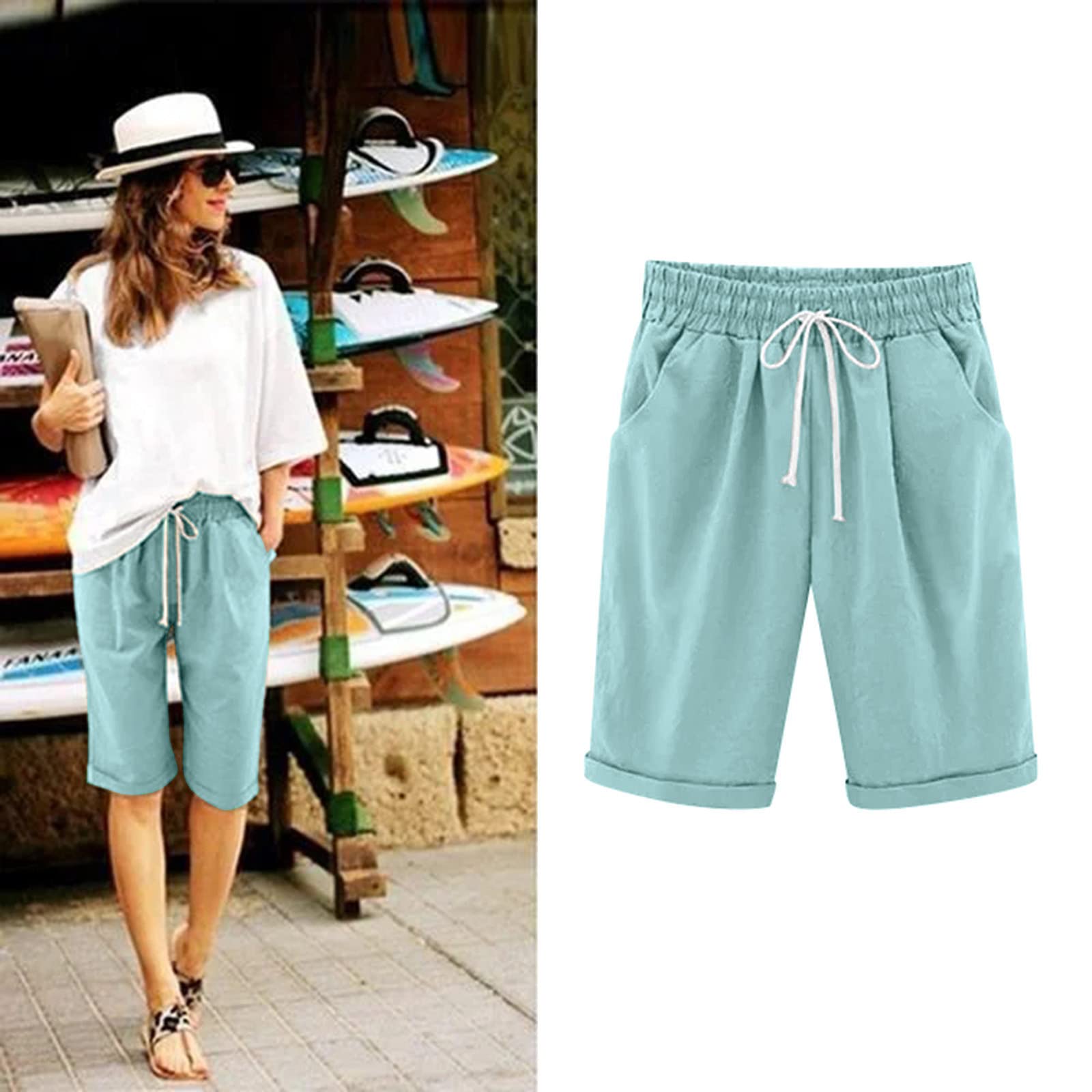 AMDBEL Women's Bermuda Shorts - Stretchy Knee-Length Casual Shorts with Elastic Waist & Drawstring | Trendy Lightweight Baggy Short Pants for Summer, Beach, Travel & Everyday Comfort