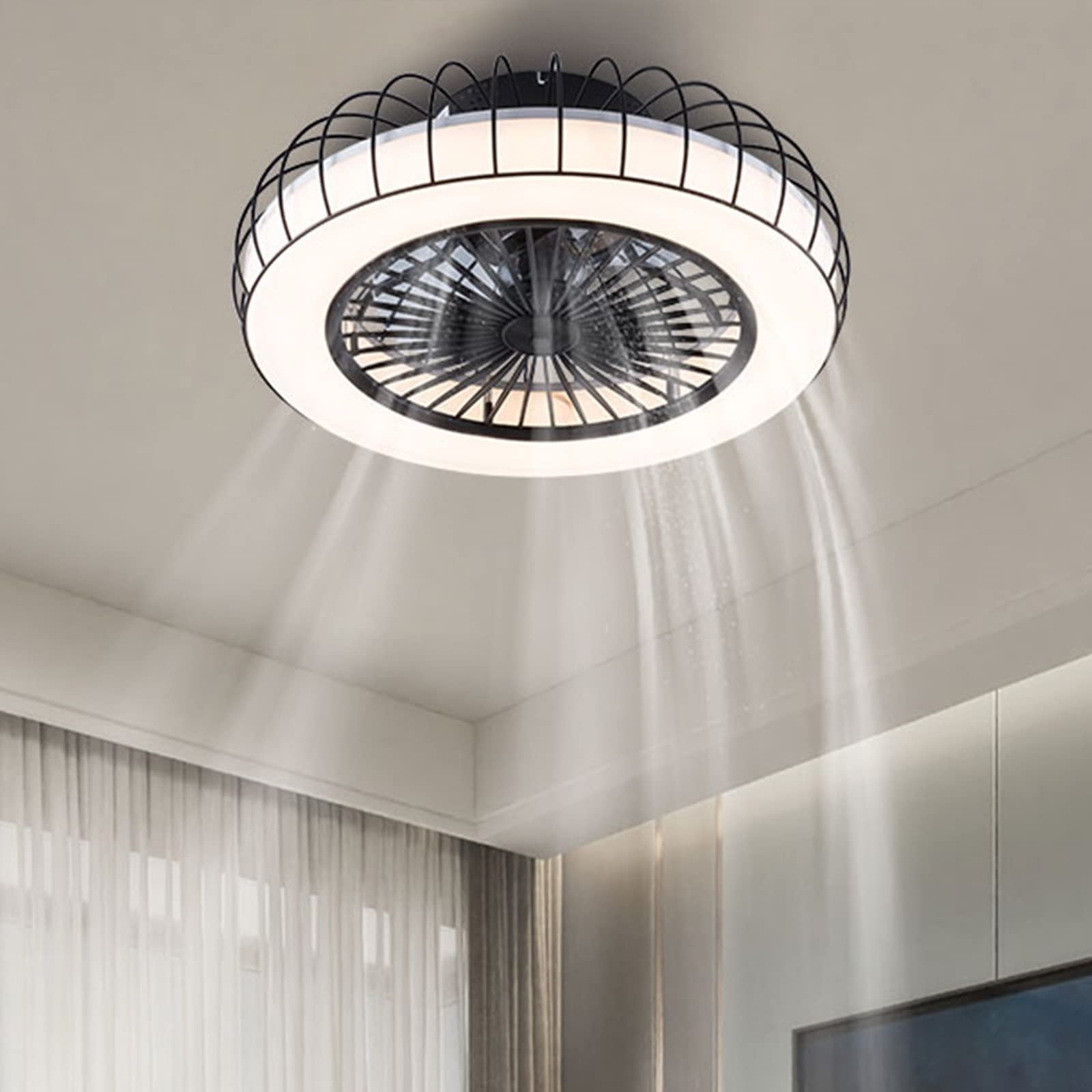 Dimmable 20 Inch Bladeless Ceiling Fan with Light and Remote Control - Modern Enclosed Semi Flush Mount Low Profile Indoor Fan - 3 Color Options & 3 Speed Settings - Perfect for Bedroom, Living Room, or Office (Black)