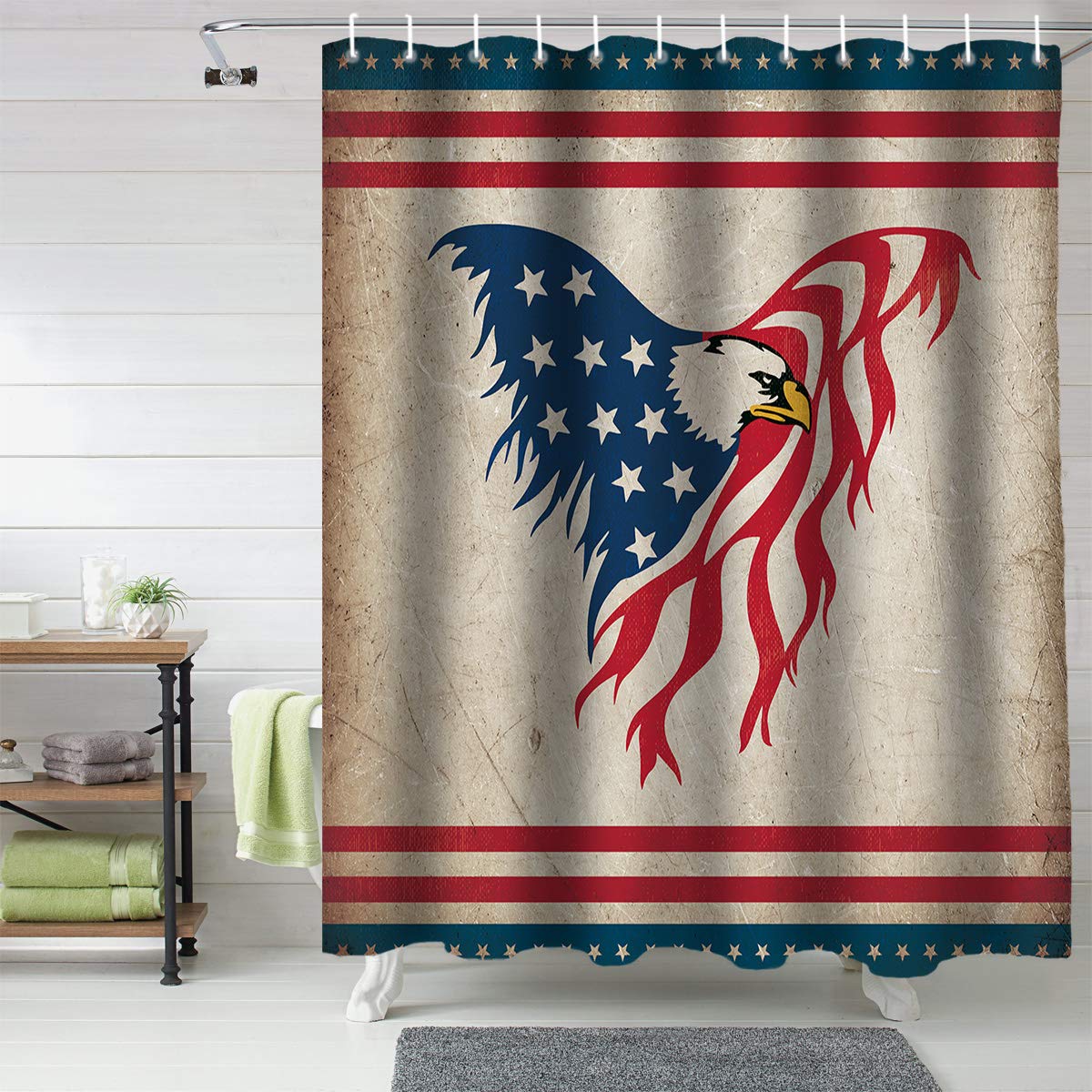 Flying Eagle USA Flag Bath Shower Curtain - Waterproof Polyester Fabric Bathroom Decor with Rustic Red Stripes & Stars (72x72 inches) - Perfect for American-Themed Bathrooms, Patriotic Home Decor & 4th of July Celebrations