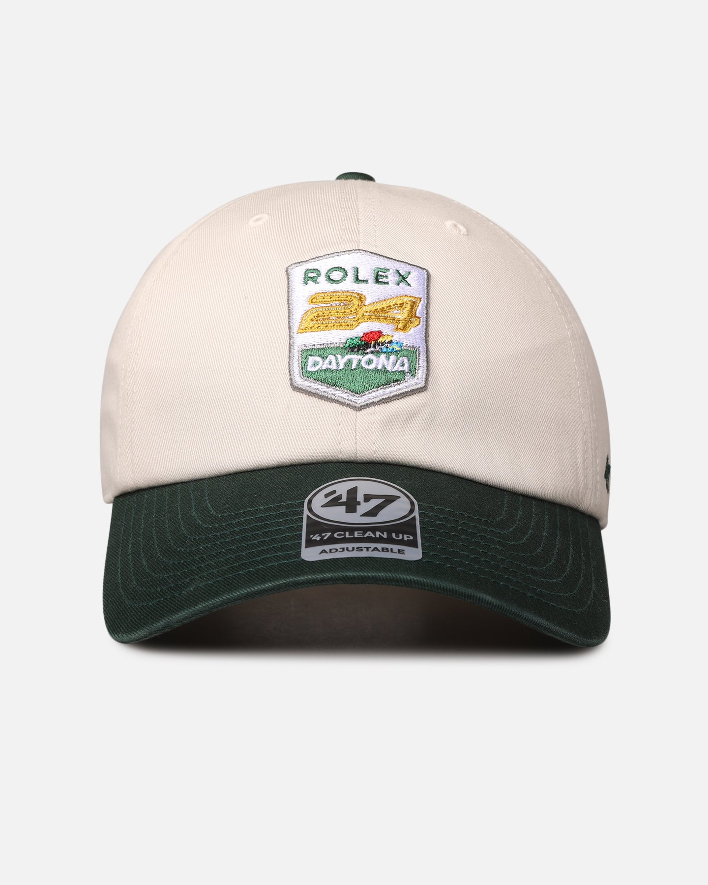 47 Brand NASCAR 47 Clean Up Strapback Adjustable Hat - Bone/Dark Green - Vintage Racing Cap for Men & Women - Perfect for Race Day, Outdoor Events & Casual Wear