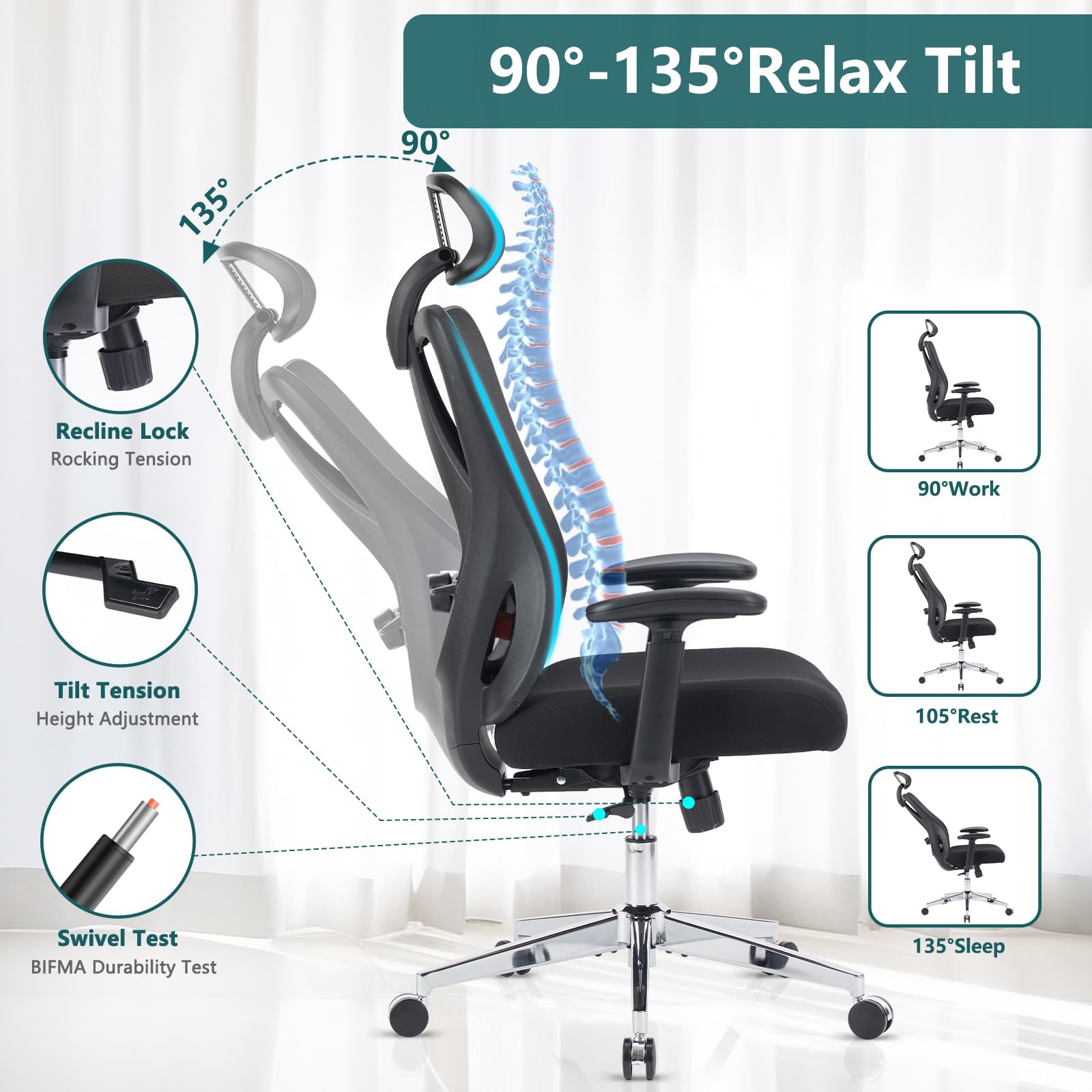 Ergonomic Office Chair with Adjustable Lumbar Support - High Back Rolling Swivel Desk Chair for Home & Work, 2D Armrests, 135° Tilt Function, Headrest - Perfect for Long Hours Computer Work, Gaming & Study (Modern Black)