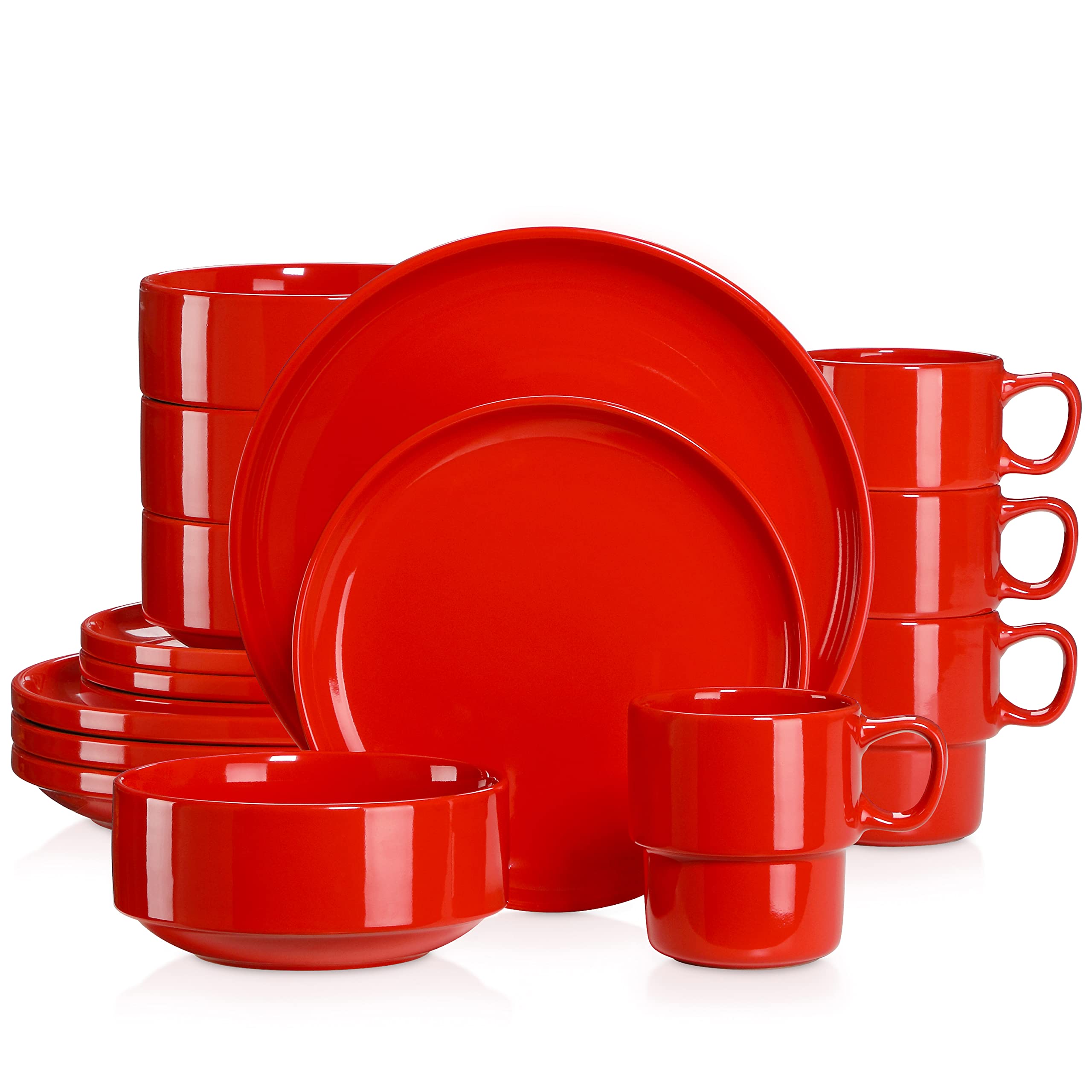 16-Piece Red Ceramic Dinnerware Set for 4 - Plates, Bowls, Mugs & Dessert Plates | Dishwasher Safe | LOVECASA | Perfect for Family Dinners, Parties & Daily Use