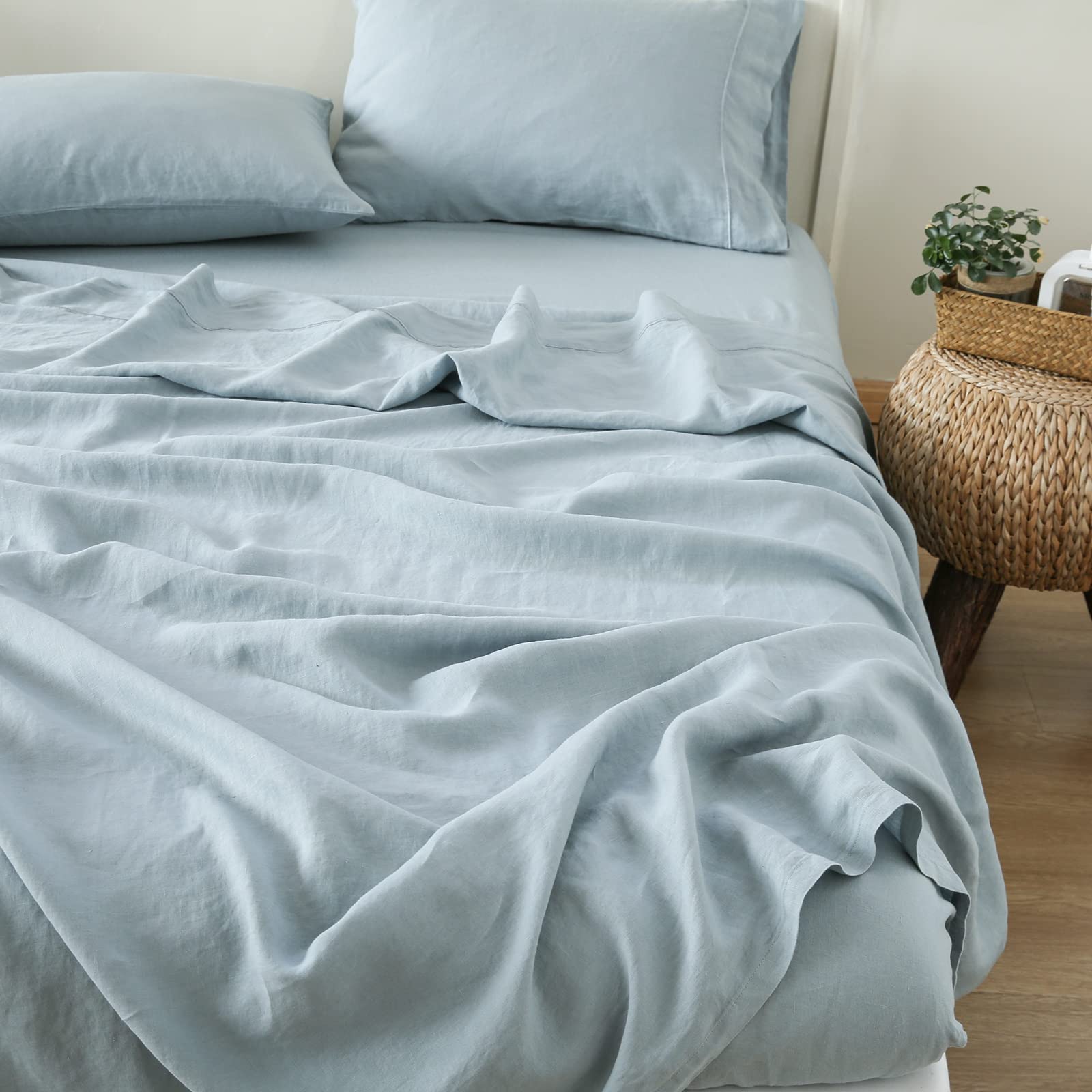 Luxury 100% Pure Linen Sheet Set King Size - Natural French Flax, Breathable Washed Bedding (4pc: 1 Flat Sheet, 1 Fitted Sheet, 2 Pillowcases) - Farmhouse Style, Dusty Blue Embroidery | Perfect for Hot Sleepers, Summer Nights & Eco-Friendly Home Decor