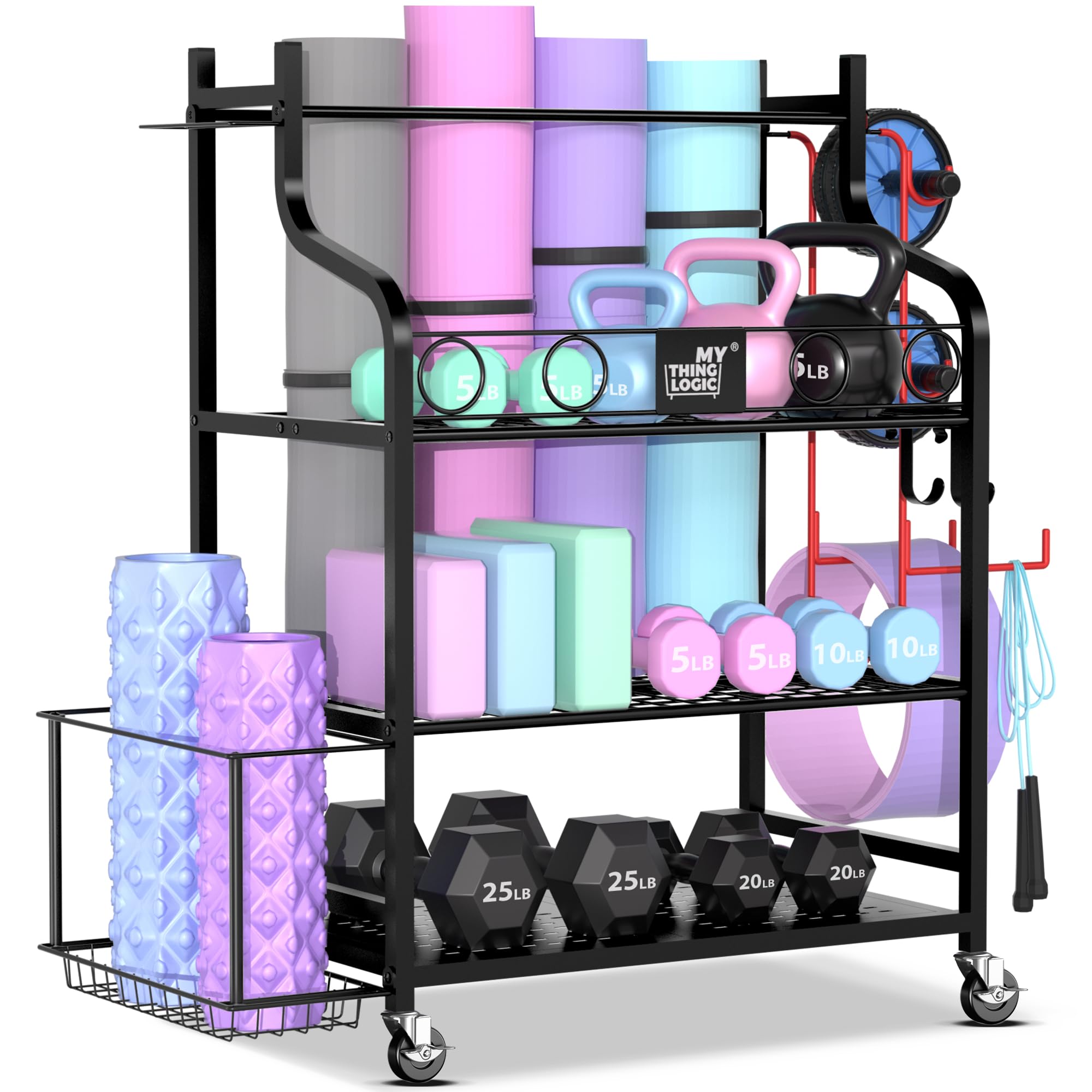 Mythinglogic Yoga Mat Storage Rack - Heavy Duty Home Gym Organizer for Dumbbells, Kettlebells, Foam Rollers, Yoga Straps & Resistance Bands - Space Saving Workout Equipment Storage with Hooks & Wheels - Perfect for Home Gym, Yoga Studio & Fitness Room Organization