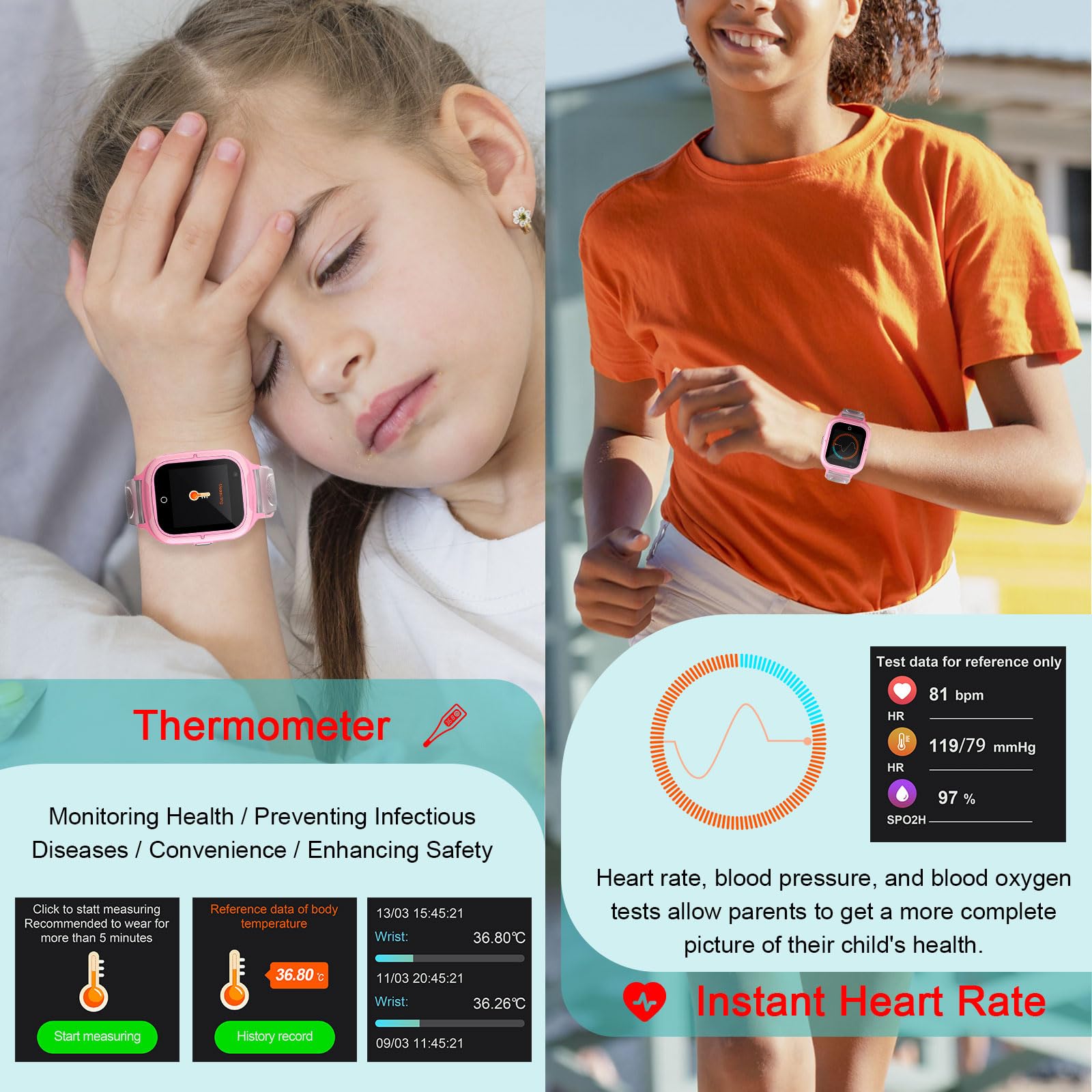 4G Kids Smart Watch for Girls - Unlocked GPS Tracker with Video Calling, Camera, Temperature & Heart Rate Monitor - Global Children's Phone Watch for Safety & Communication - Perfect for School, Outdoor Play & Family Tracking
