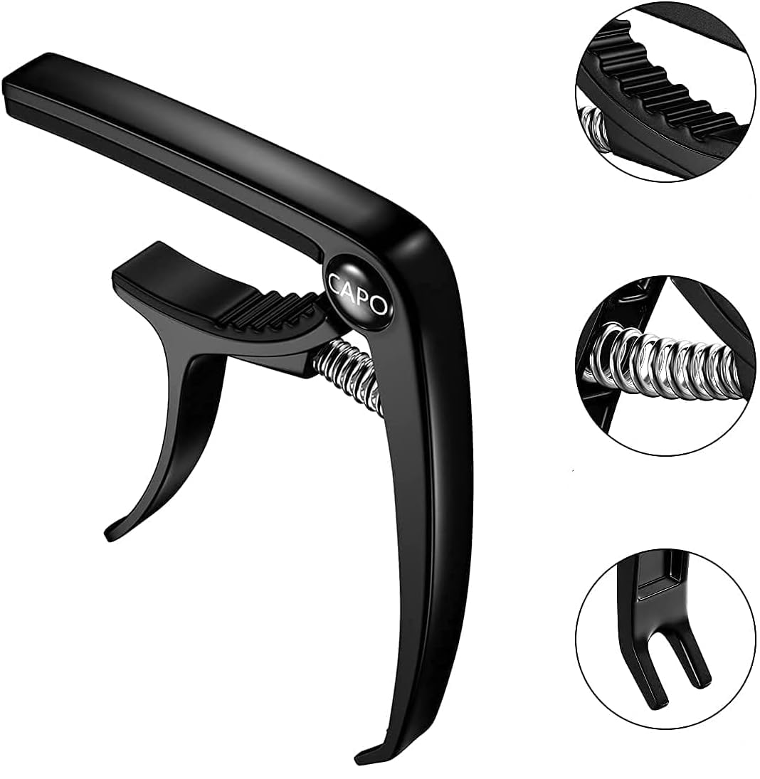 Premium Zinc Alloy Guitar Capo for Acoustic & Electric Guitars, Ukulele, Mandolin, Banjo & Bass - Black with 6 Free Picks | Perfect for Live Performances, Studio Recording & Practice Sessions