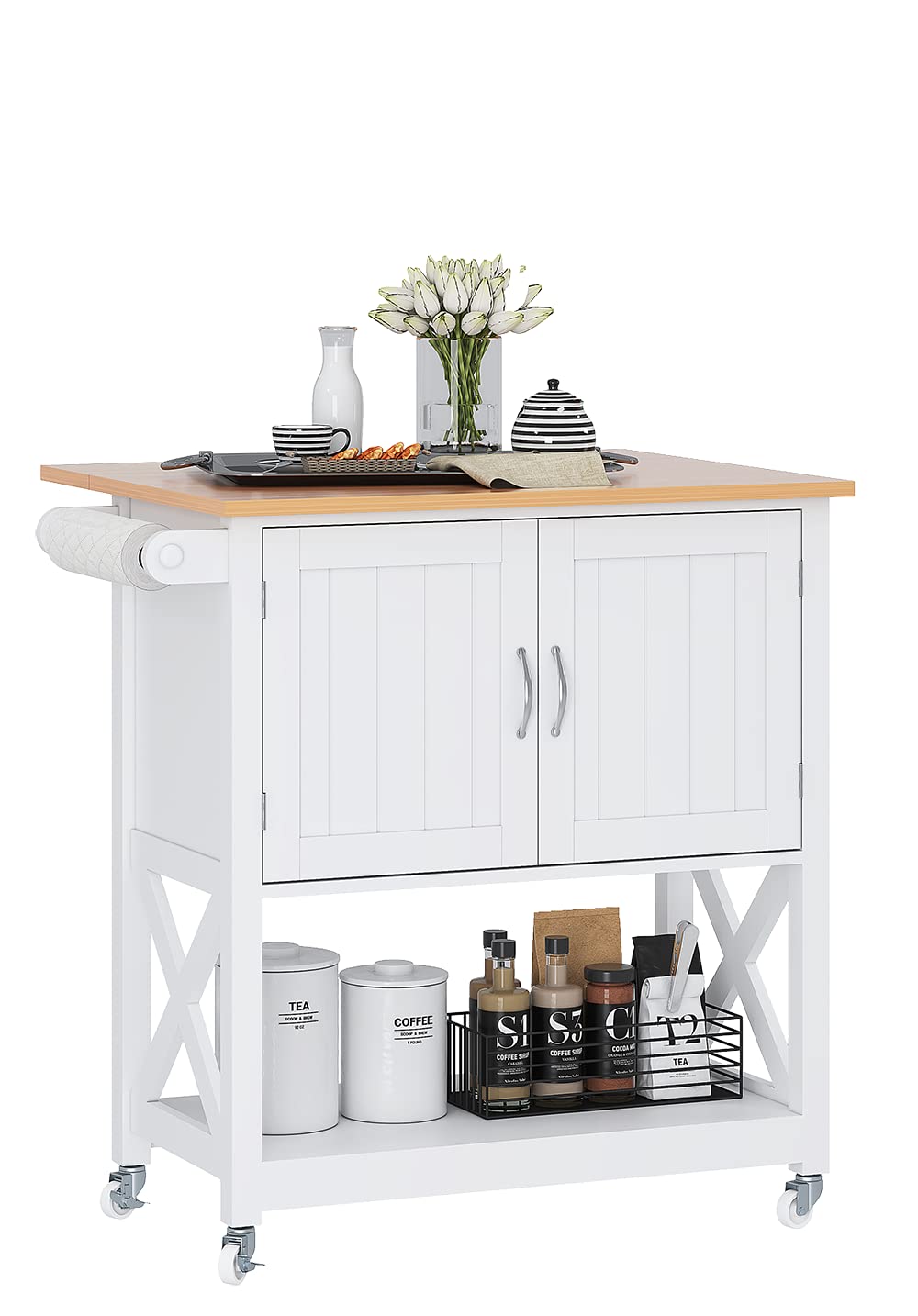 Spirich Kitchen Island on Wheels with Storage Cabinet - White Rolling Kitchen Cart with Drop Leaf & Towel Rack | Portable Mobile Workstation for Small Kitchens, Dining Rooms & Apartments | Perfect for Food Prep, Extra Counter Space & Storage Organization