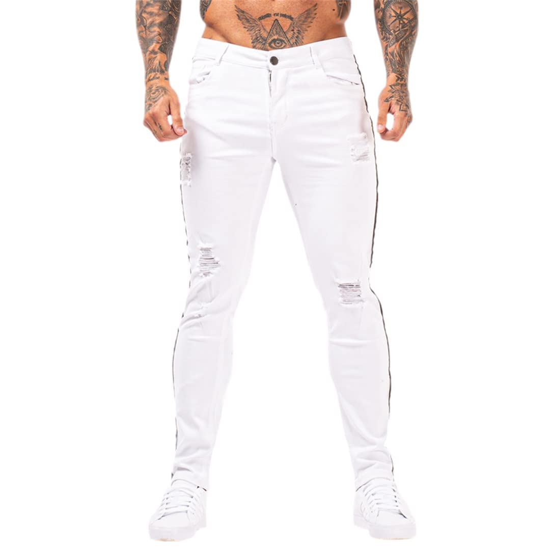 Men's Slim Fit White Hip Hop Jeans - High Waist Stretch Skinny Denim Pants (Cotton Comfort for Streetwear & Casual Style) | Perfect for Urban Fashion, Night Out & Hip Hop Dance
