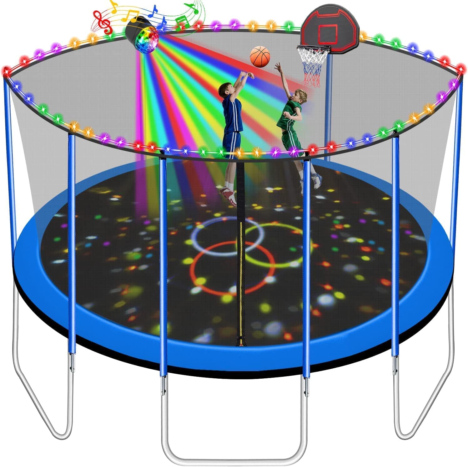 Goujxcy 1500 LBS Heavy Duty Outdoor Trampoline for Adults & Kids (7-10) - 14 FT & 16 FT Sizes with Basketball Hoop, Sprinkler, Water Balls, LED Lights & Speaker, Safety Enclosure Net - ASTM/CPC/CPSIA Certified - Perfect for Backyard Fun, Exercise & Family Outdoor Activities